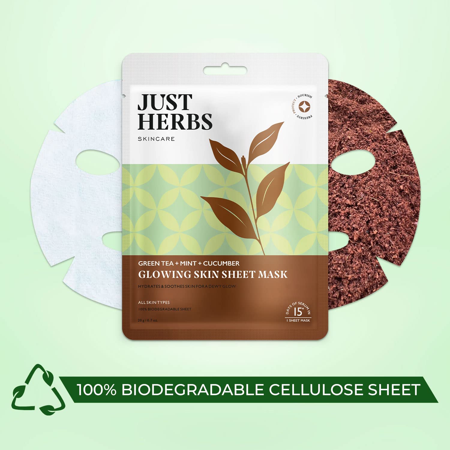 Just Herbs Sheet Mask for Glowing Skin - Green Tea, Mint & Cucumber Facial Serum Masks (20g) | Hydrating & Brightening Face Mask for Spa Day & Self-Care Routine