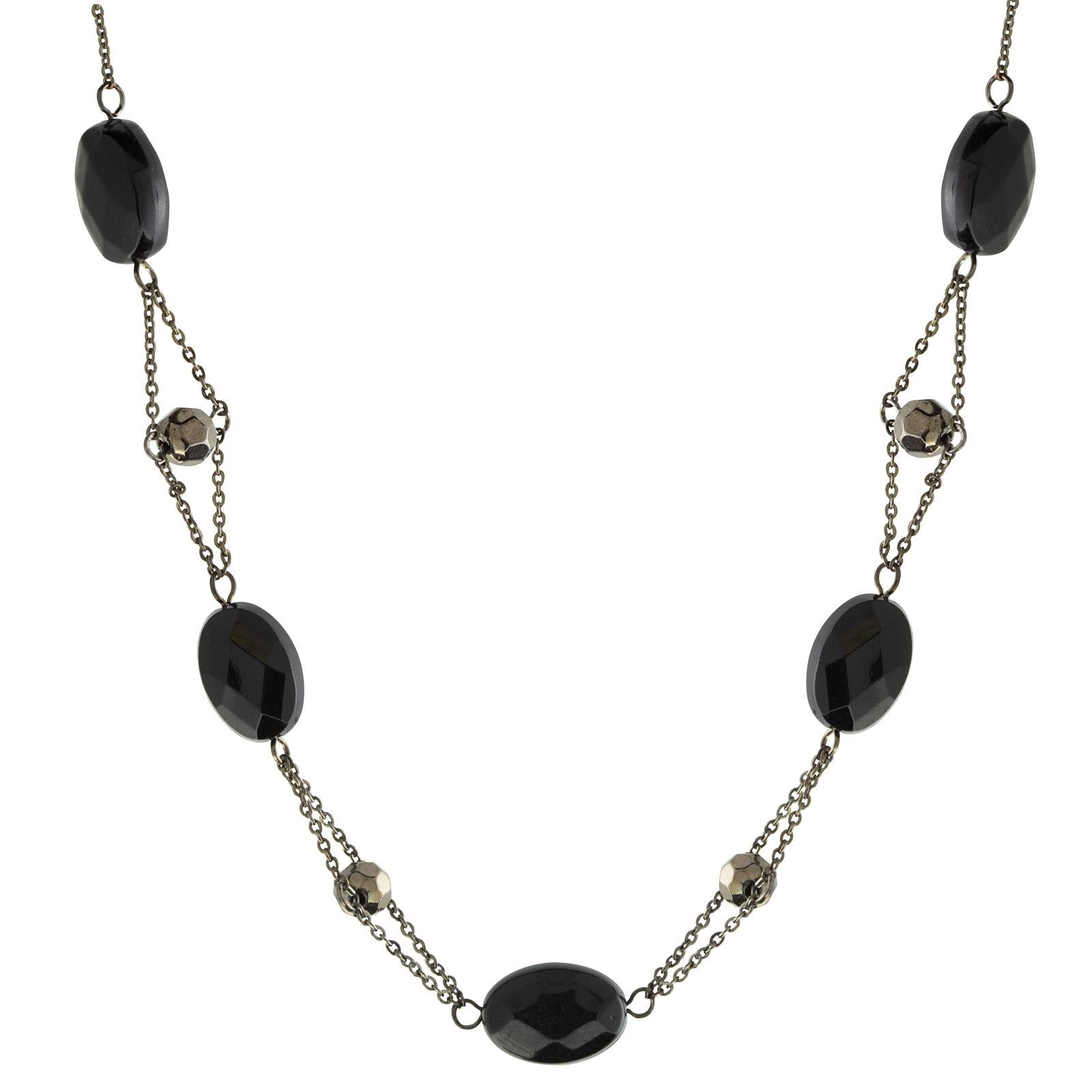 1928 Jewelry Black Trapeze Hematite Crystal Oval Beaded Necklace for Women - Elegant Gothic Statement Piece for Evening Parties & Special Occasions