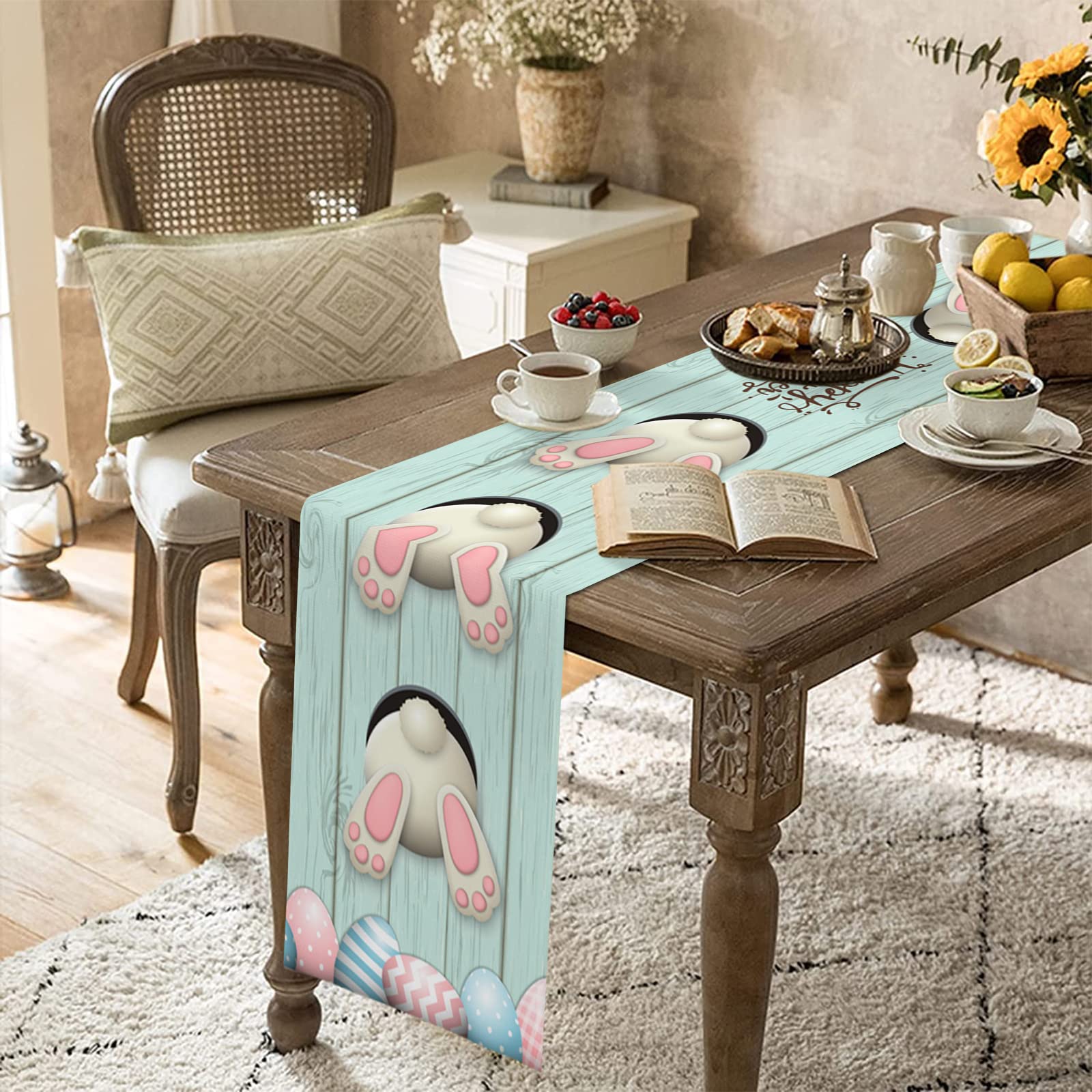 Easter Cotton Linen Table Runner - Bunny Tail Easter Eggs & Spring Flowers Design - 13x90 Inch Farmhouse Kitchen Decor for Dining Table, Holiday Parties & Dinner Decoration - Perfect for Easter Celebrations, Spring Gatherings & Farmhouse Style Home Decor