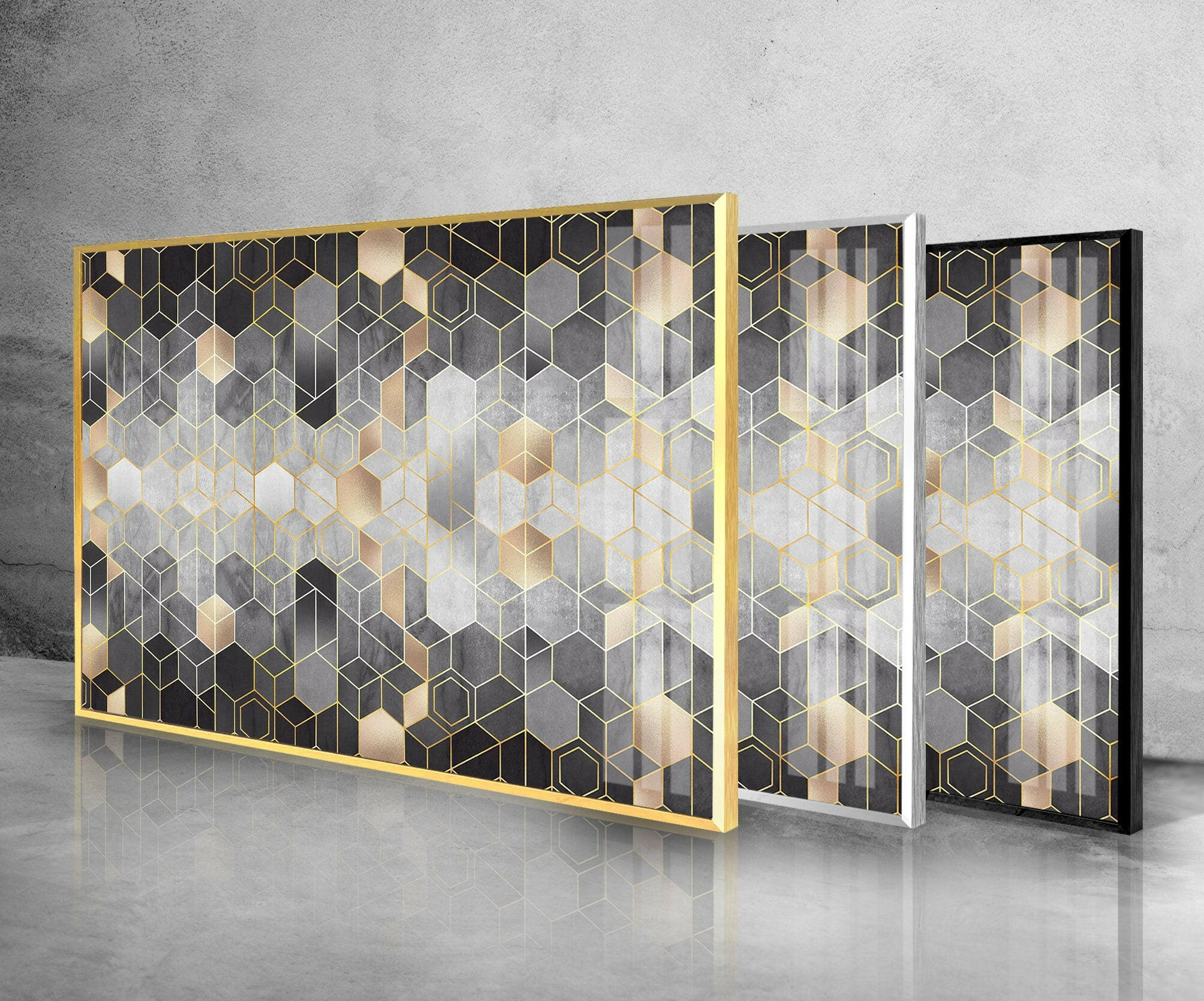 Modern Black Hexagon Glass Wall Art Decor - Geometric Stained Glass Mosaic for Living Room, Bedroom & Office