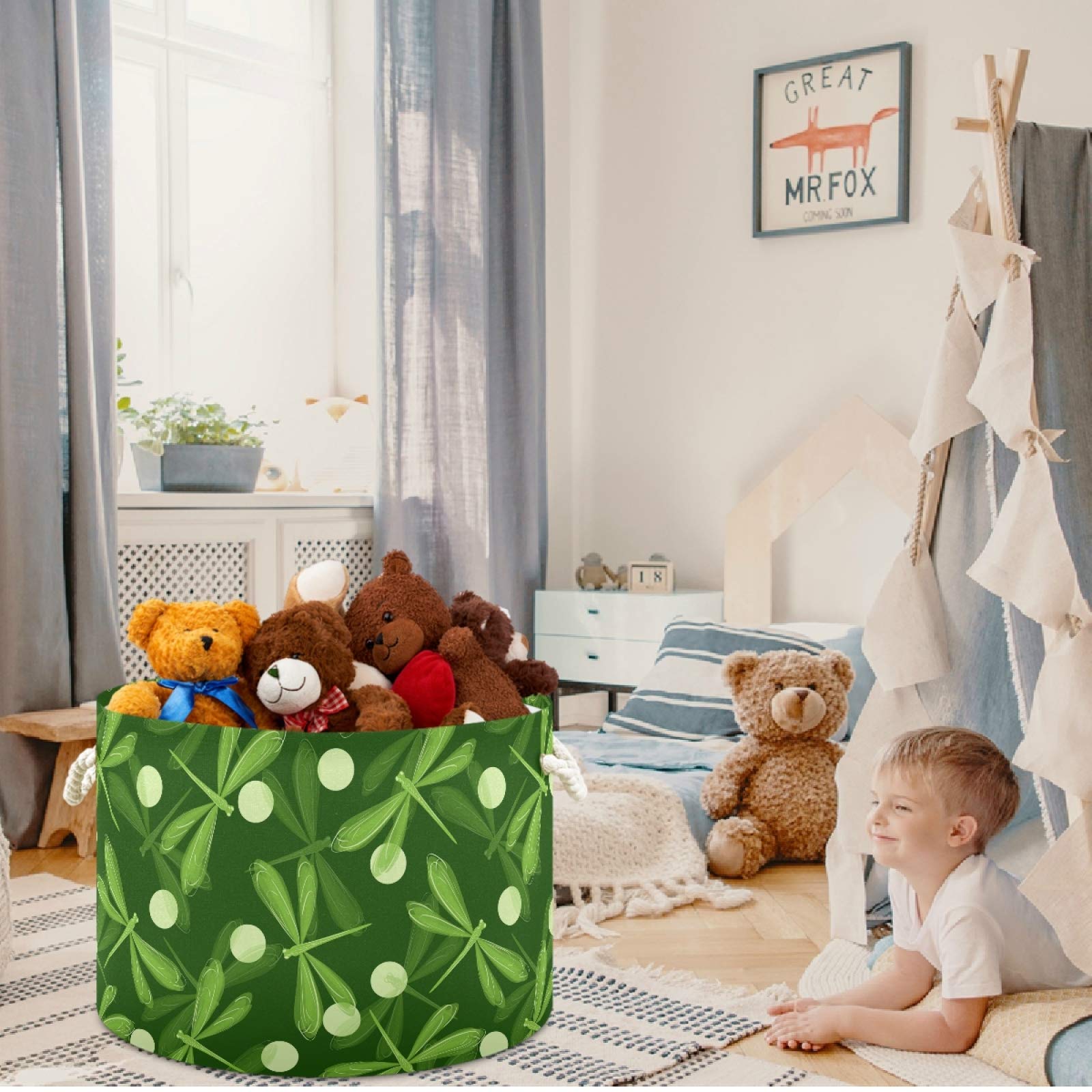 Visesunny Green Dragonfly Canvas Storage Basket - Waterproof Nursery Hamper, Toy Organizer Bin for Kids Room, Playroom, Shelves | Perfect for Laundry, Toys, Books & Gift Storage (12