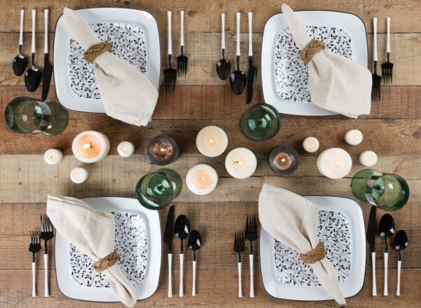 32-Piece Black & White Leaf Square Plastic Dinnerware Set - BPA-Free Eco-Friendly Dinner Plates, Bowls & Utensils (16 Servings) - Perfect for Outdoor Picnics, Party Events and Home Decor