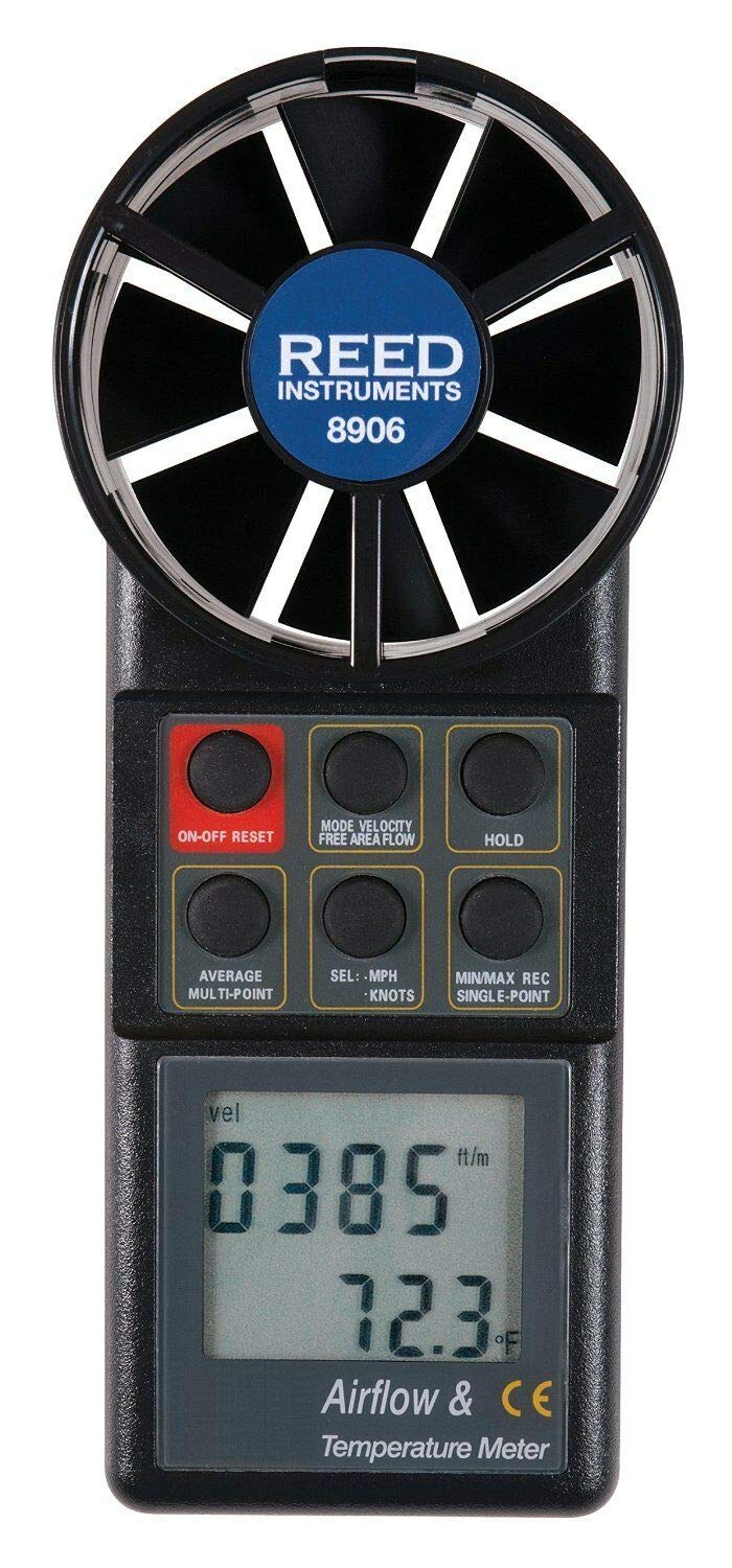 Reed 8906 Vane Thermo-Anemometer - Digital CFM Air Flow Meter for HVAC, Duct Testing & Indoor Air Quality Measurement - Perfect for HVAC Technicians, Engineers & Home Inspectors