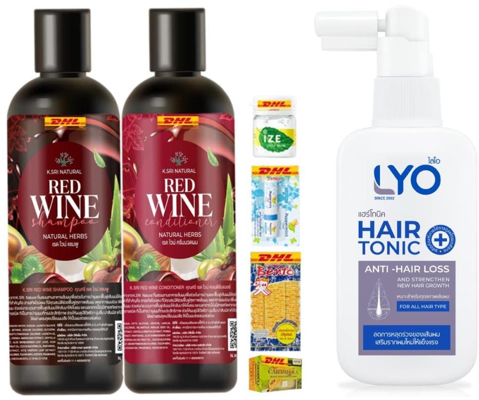 K.Sri Red Wine Herbal Shampoo & Hair Treatment Set 300ml - Anti Hair Loss, Strengthens & Promotes New Hair Growth - Fast DHL Shipping | Perfect for Damaged Hair & Scalp Care - Beauty Gifts Included