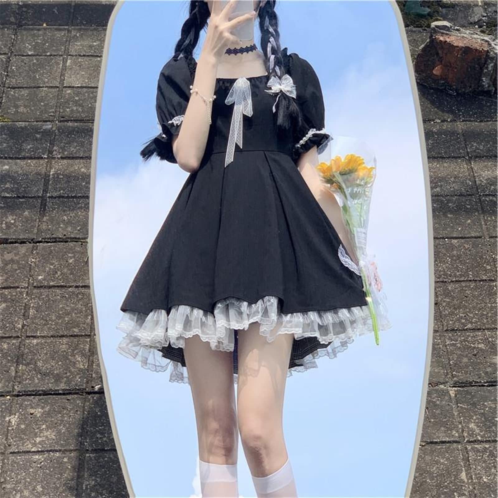 Japanese Sweet Lolita Cute Lace Puff Sleeve Black Puffy Dress for Women - Summer Gothic Kawaii Fashion (Black, Medium) | Perfect for Cosplay, Tea Parties, and Anime Conventions