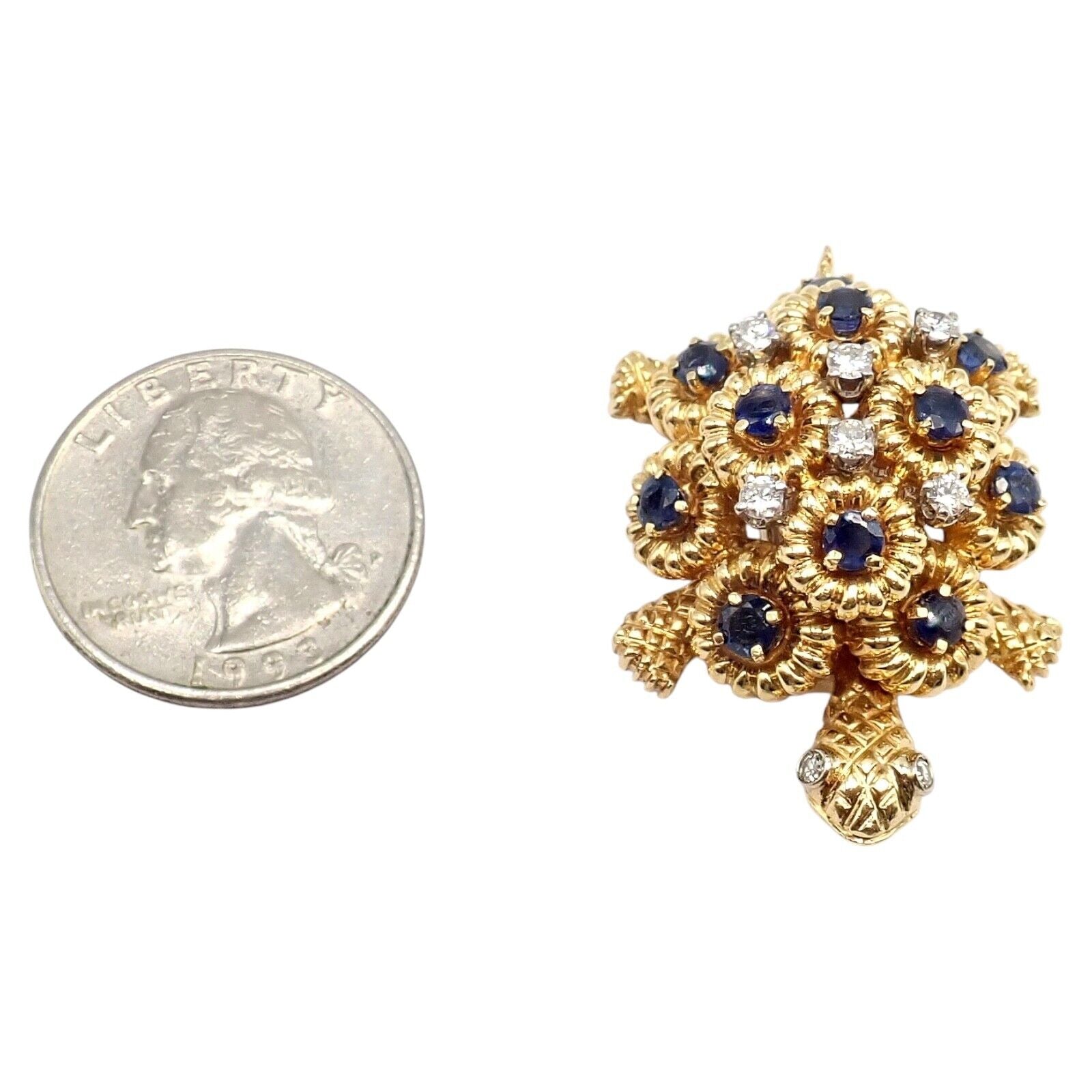 Authentic Tiffany & Co. 18k Yellow Gold Turtle Diamond Sapphire Brooch Pin - Vintage Luxury Jewelry Gift for Women, Perfect for Weddings & Special Occasions