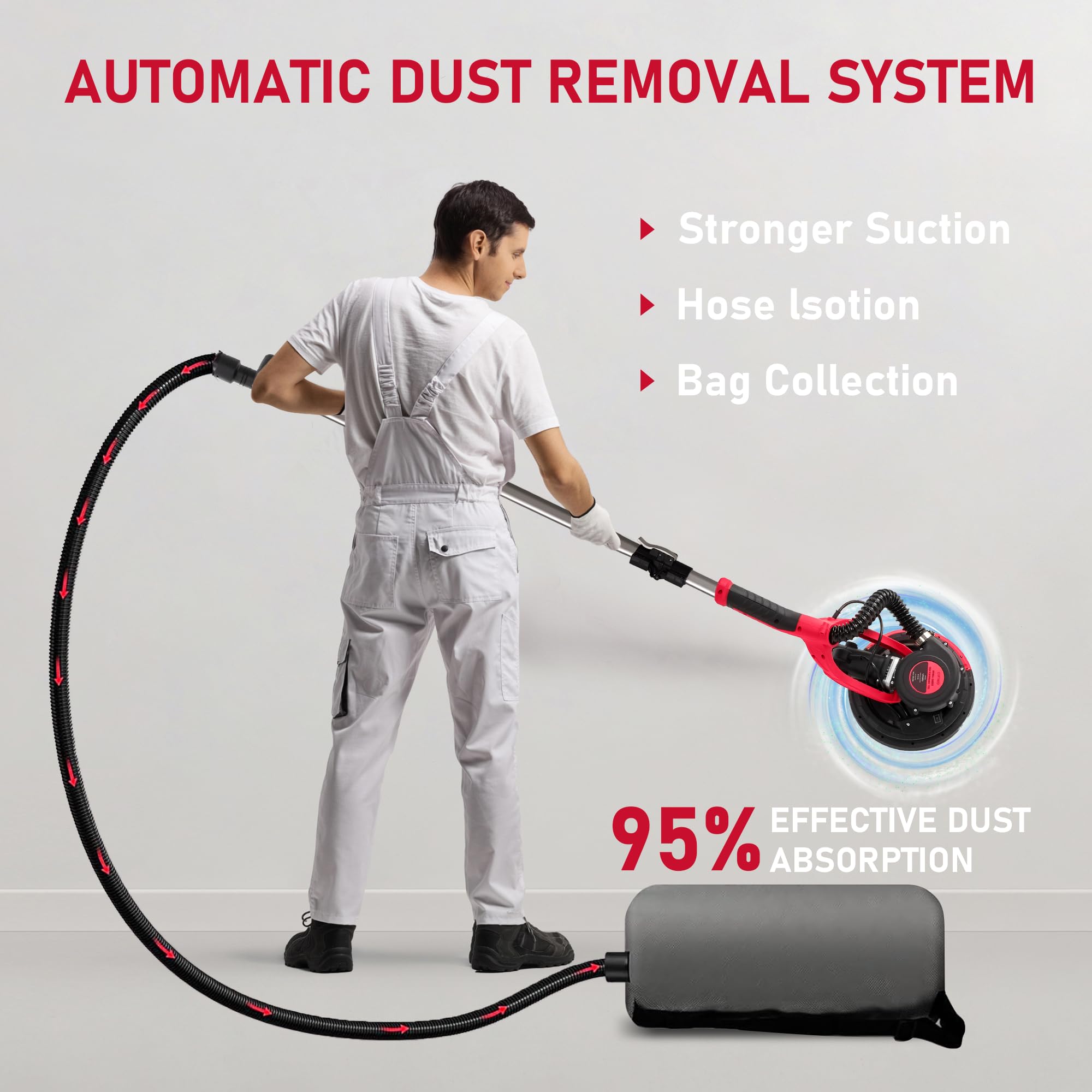 1250W Electric Drywall Sander with Vacuum Dust Collector - 7 Speed Adjustable LED Light (900-1800RPM) - Foldable Extendable Handle for Ceiling & Popcorn Removal - Professional Drywall Sanding Tool for Home Renovation and Construction Projects