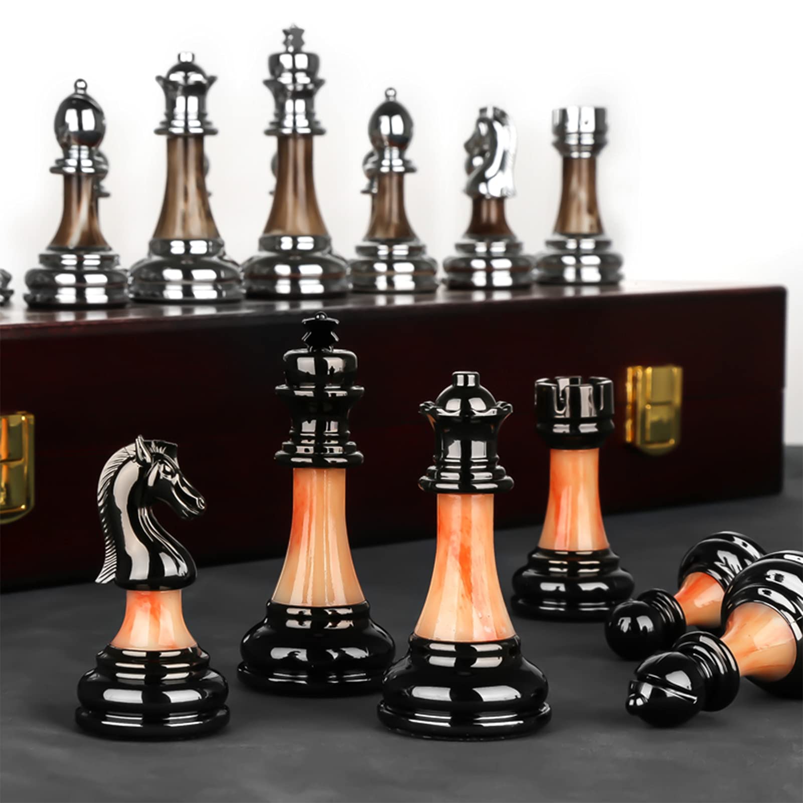 Premium Metal Chess Set for Adults & Kids - Luxury Folding Wooden Chess Board with Zinc Alloy & Acrylic Pieces - Portable Travel Chess Game Set for Home, Office, Park & Gifts - Strategy Board Game for Family & Friends