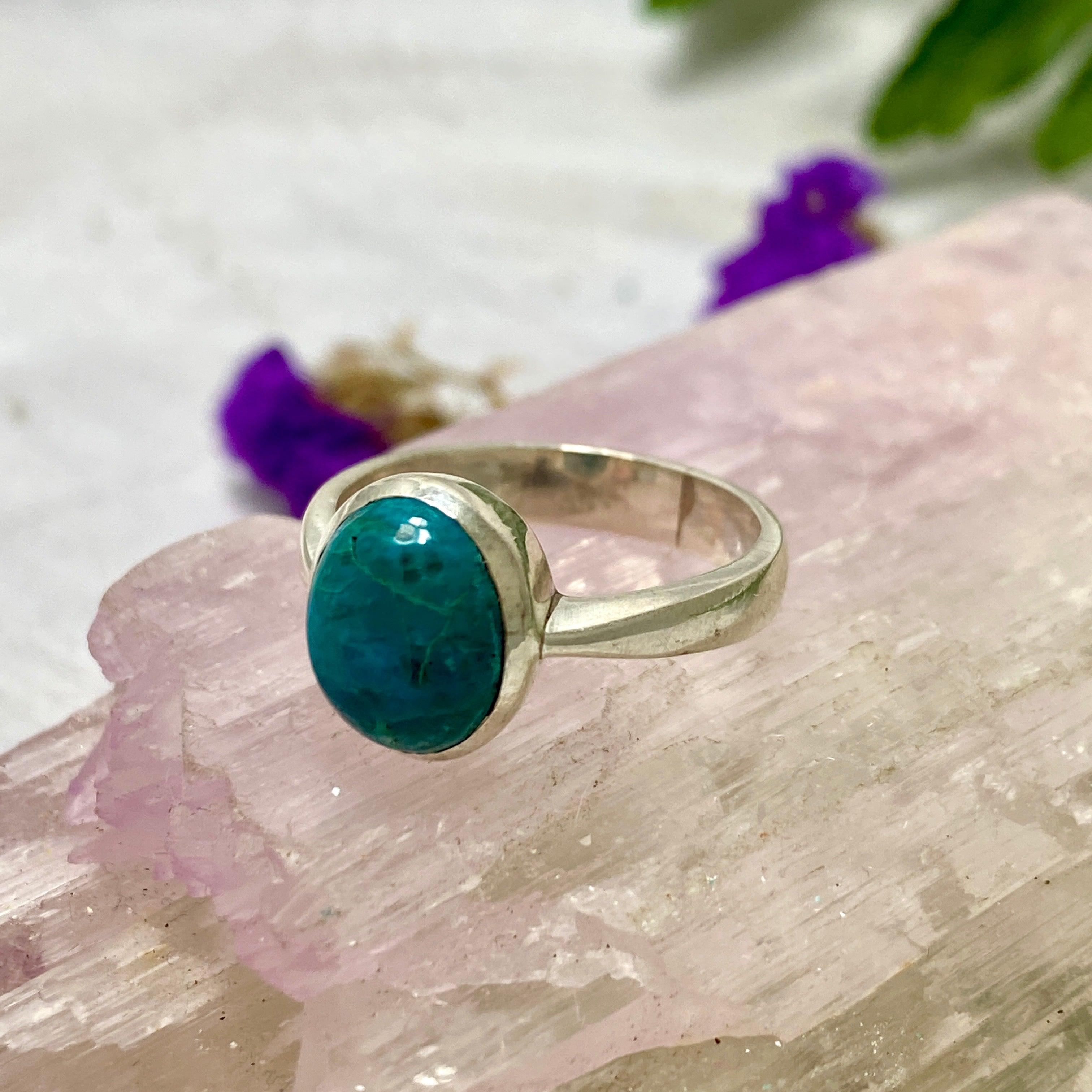 Chrysocolla Oval Ring Size 8.5 - Natural Gemstone Jewelry for Women, Handmade Sterling Silver Band, KRGJ1980 | Perfect for Boho Fashion, Gift Giving & Everyday Wear