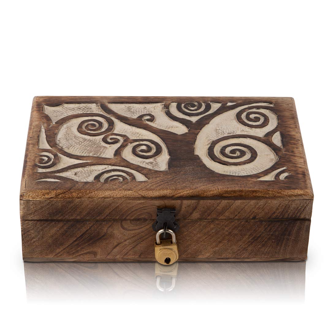 Handmade Wooden Jewelry Box with Tree of Life Carving - Lockable Keepsake Storage Organizer for Rings, Necklaces & Watches | Perfect Birthday Gift, Wedding Present & Home Decor Accessory