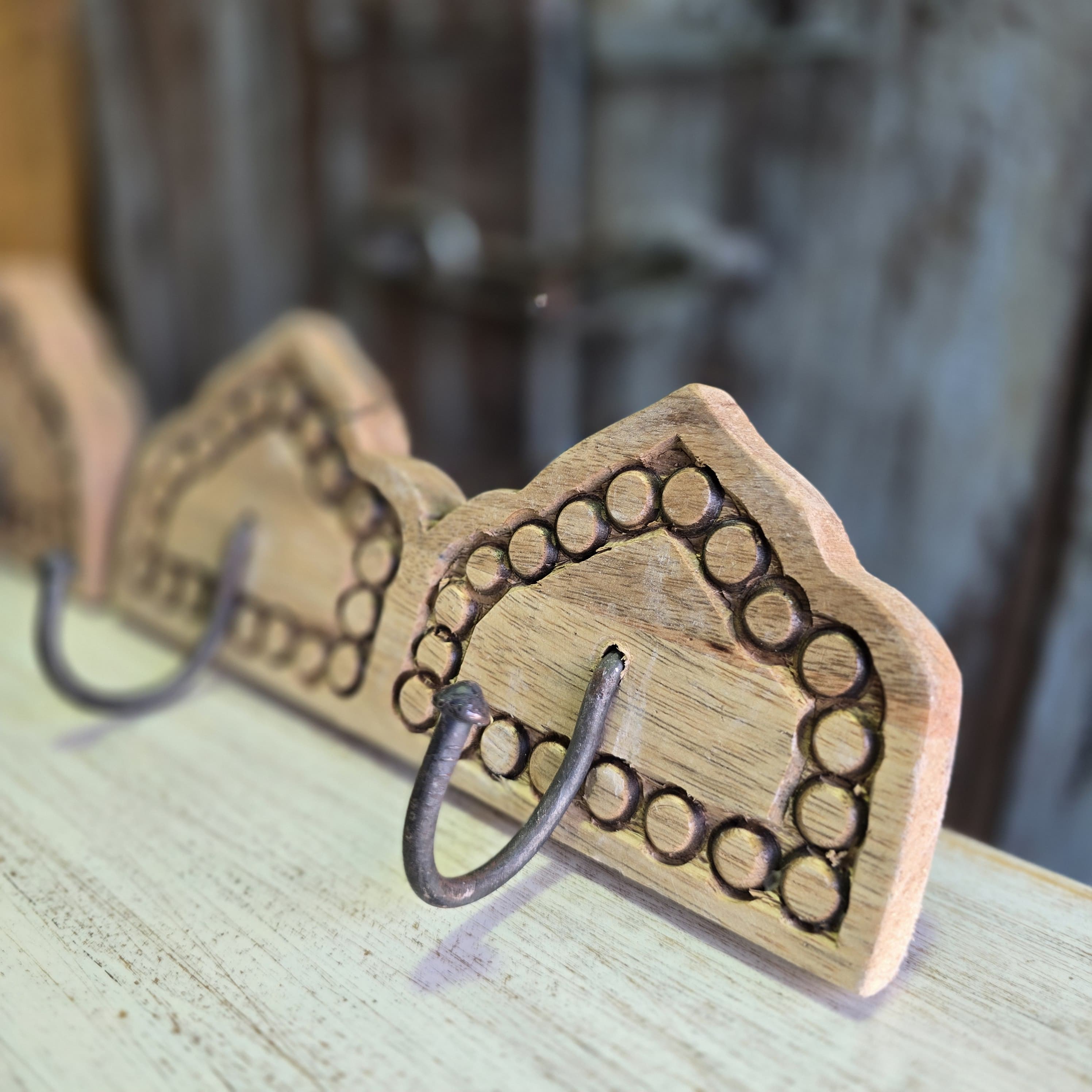 Handmade Carved Solid Wood Wall Hooks - Set of 2 Natural Wooden Coat Hangers for Entryway, Bedroom & Bathroom Organization - Rustic Indian Home Decor