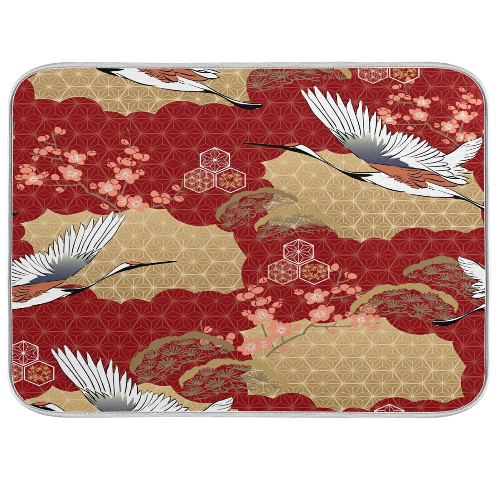 Vintage Japanese Crane Dish Drying Mat - 18x24 Inch Microfiber Absorbent Kitchen Counter Protector | Traditional Japan Style Drainer Rack Pad | Perfect for Countertops, Sink Areas & Dish Drying Stations