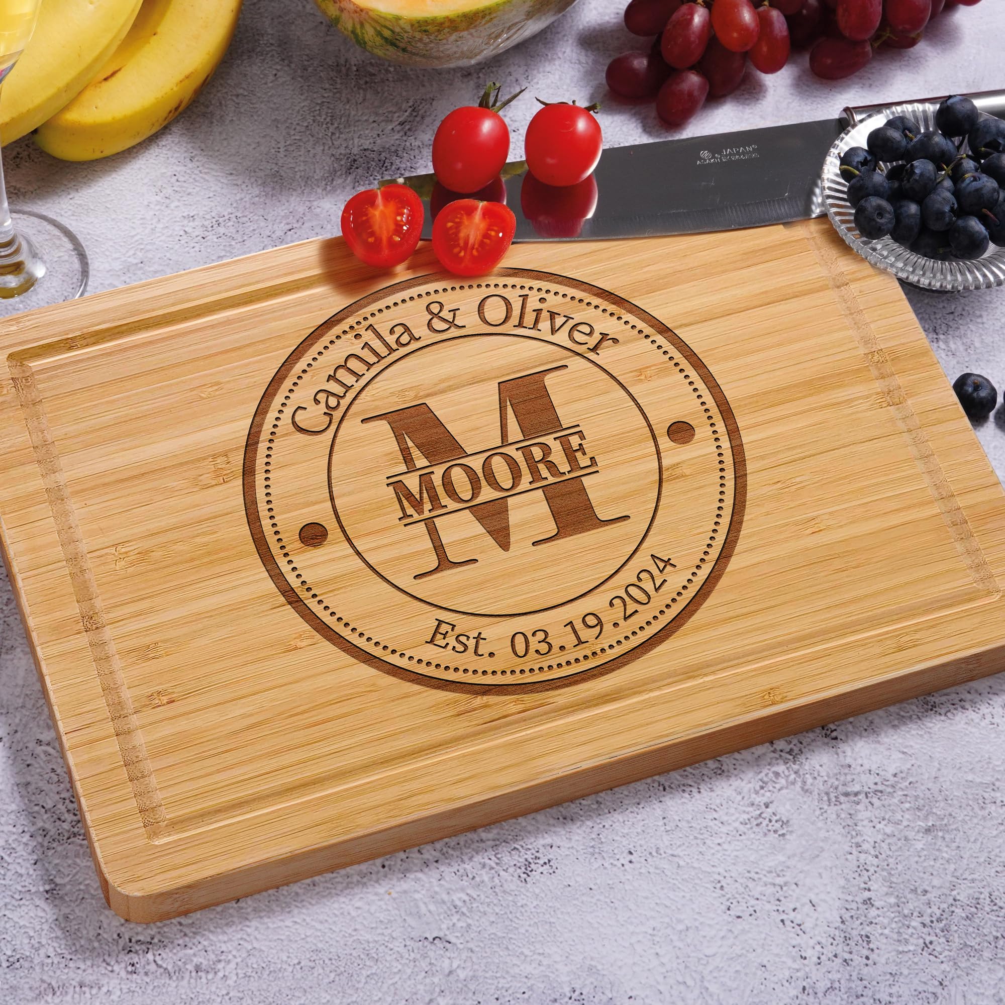 Custom Personalized Bamboo Cutting Board - Engraved Wedding, Anniversary & Housewarming Gift for Couples, Parents & New Homeowners - Medium Size Wooden Kitchen Decor for Cooking, Serving & Home Display