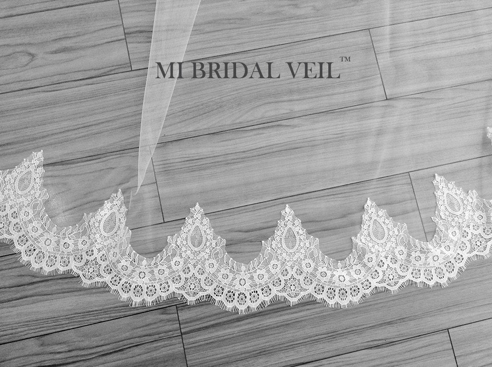 Elegant Cathedral Mantilla Lace Wedding Veil with Blusher - Perfect for Bridal Ceremonies, Church Weddings & Formal Events