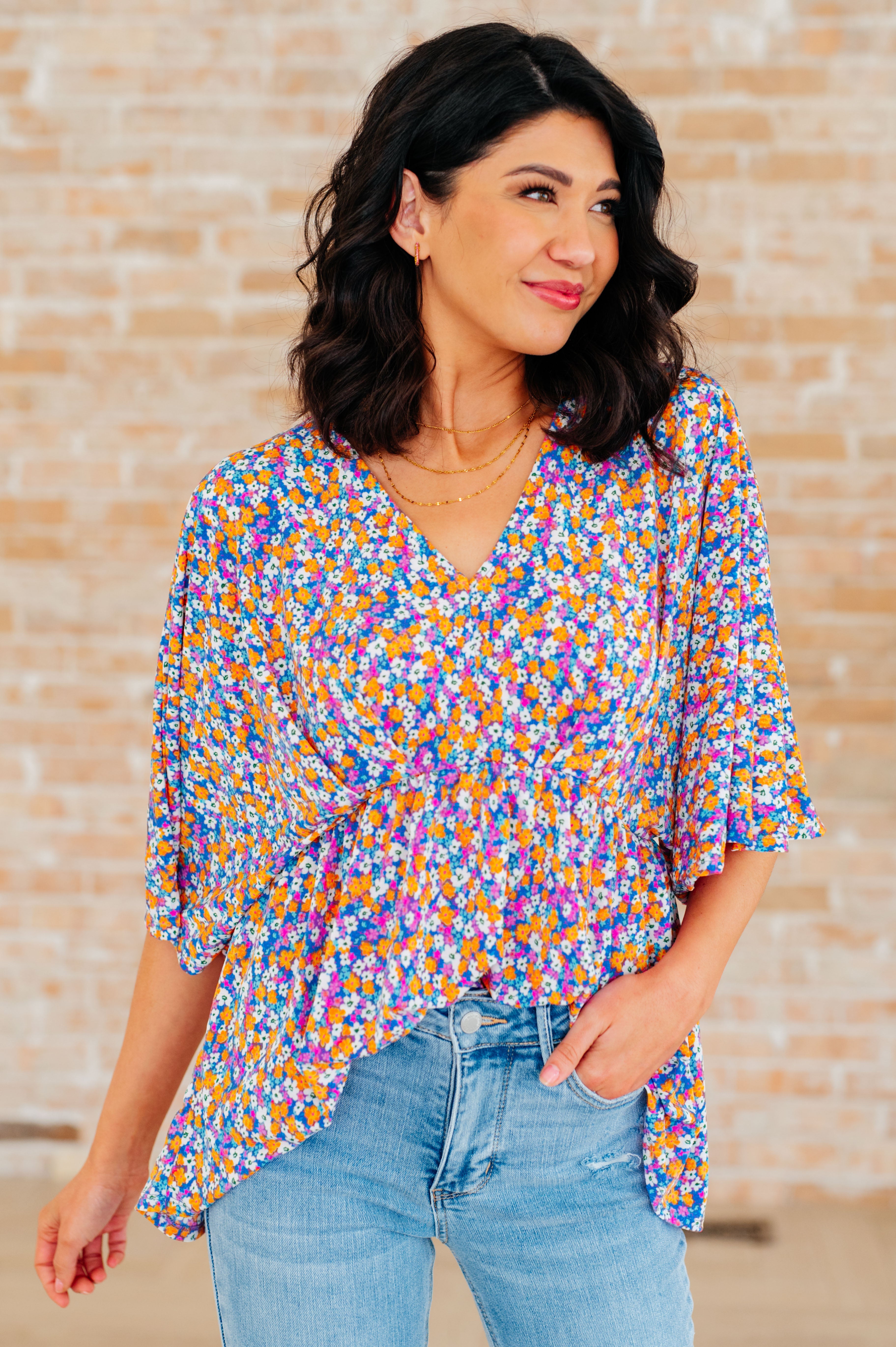 Dreamer Peplum Top - Purple Retro Ditsy Floral Print Women's Blouse for Casual Wear & Date Night Outfits