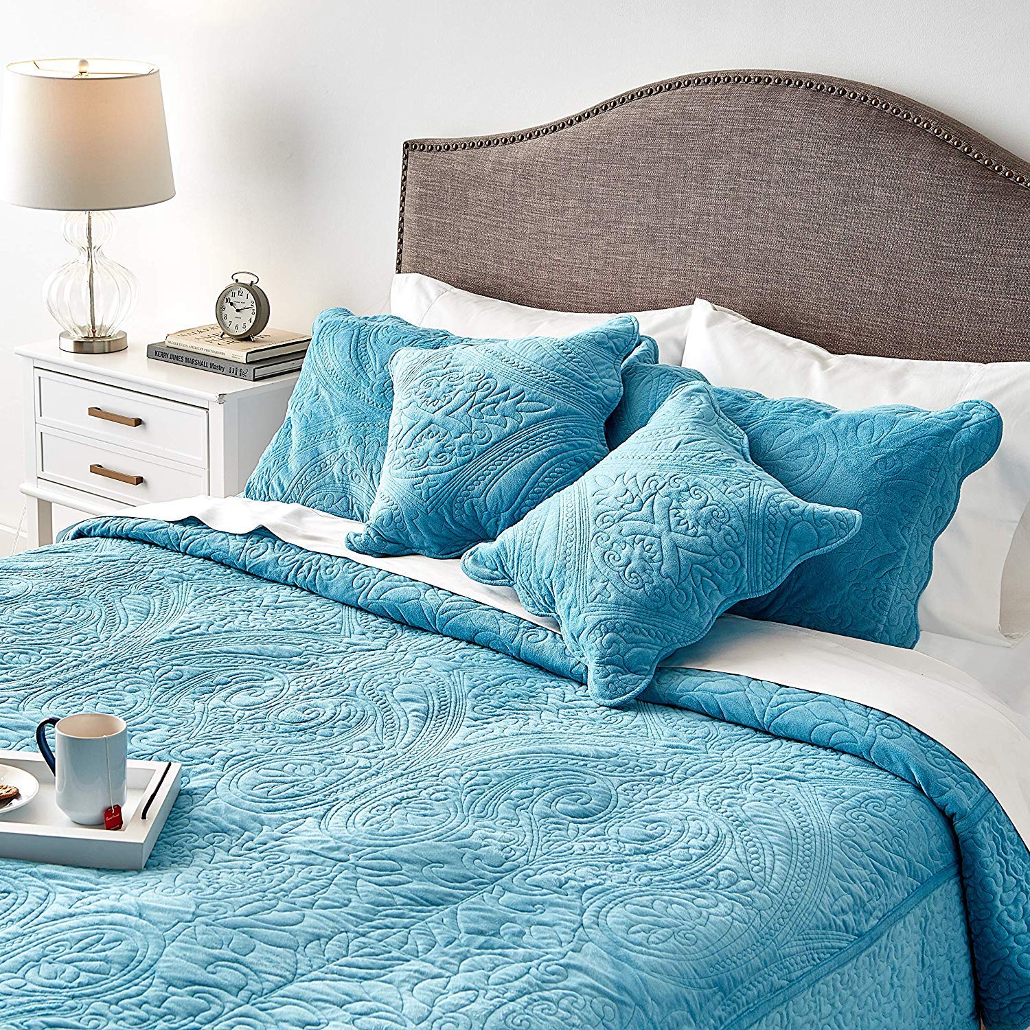 Tache 3-Piece Super Soft Floral Magic Carpet Bedspread Quilt Set - Solid Blue Twin Size for Cozy Bedroom Decor | Perfect for Guest Rooms, Dormitories & Home Styling