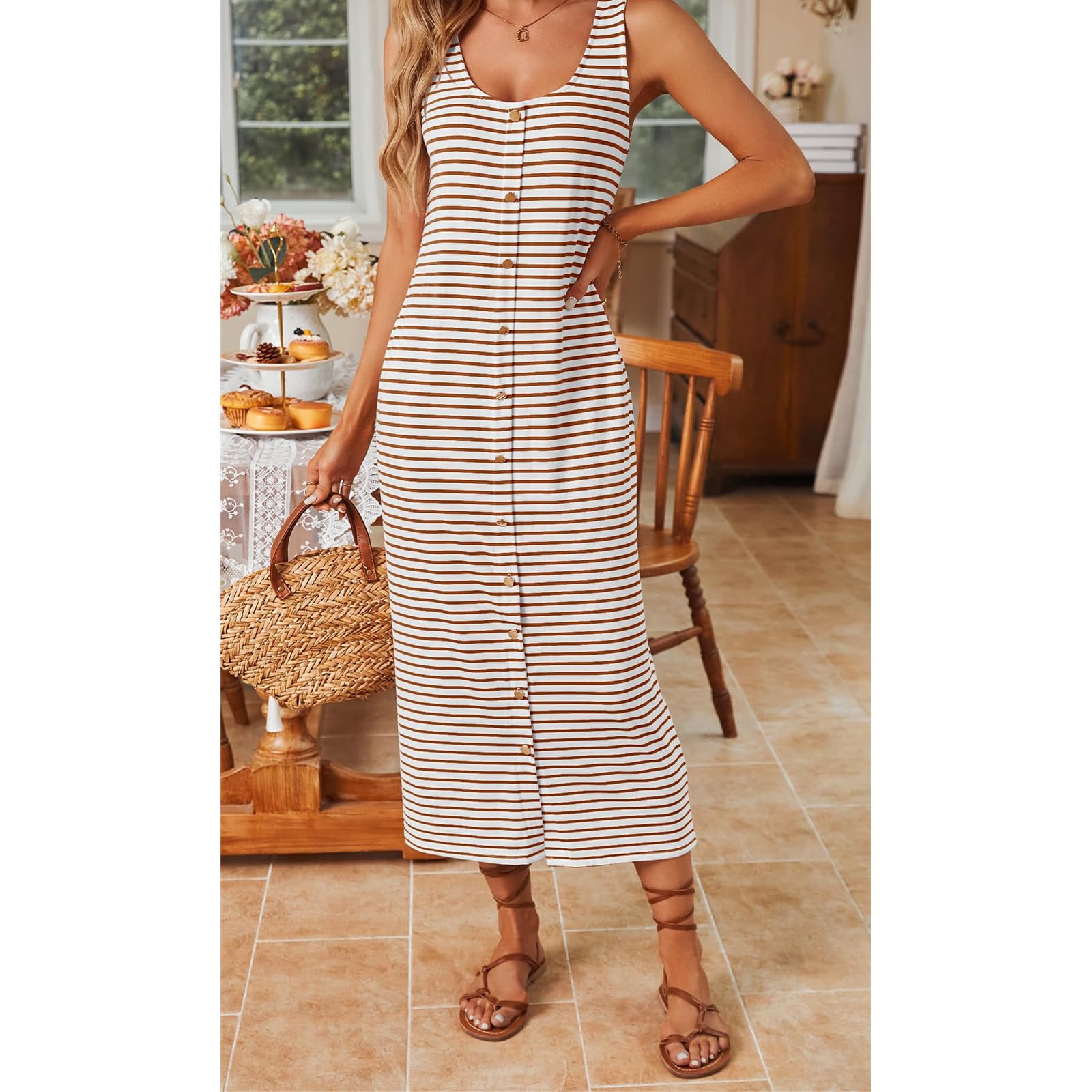 ZWRXW Women's Striped Sleeveless T-Shirt Midi Dress - Summer Casual Scoop Neck Bodycon Tank Dress for Party, Club & Night Out | Perfect for Beach Vacations, Date Nights & Cocktail Events