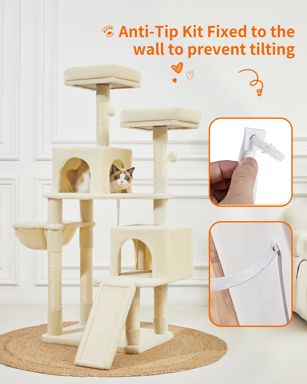 56.3-Inch Cat Tree with Scratching Posts & Hammocks - Multi-Level Cat Tower for Indoor Cats Featuring Toys, Condo & Large Scratch Board - Beige MS012M - Perfect for Small Spaces & Playful Kittens