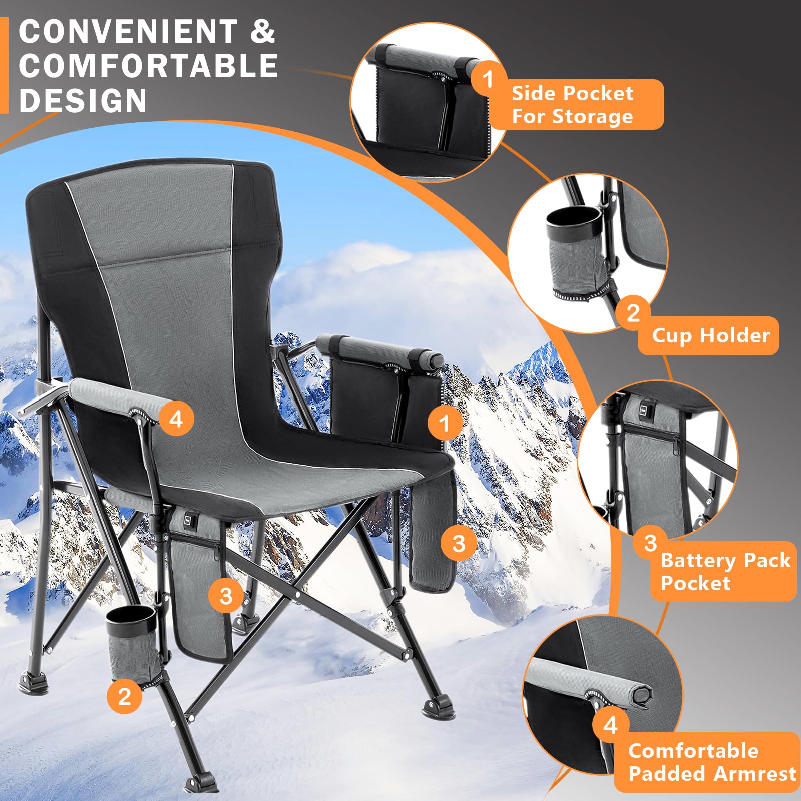 Homcosan Heated Camping Chair - Portable Outdoor Folding Chair with 3 Adjustable Heat Levels for Back & Seat - Lightweight Lawn Chair for Patio, Beach, Picnic & Tailgating