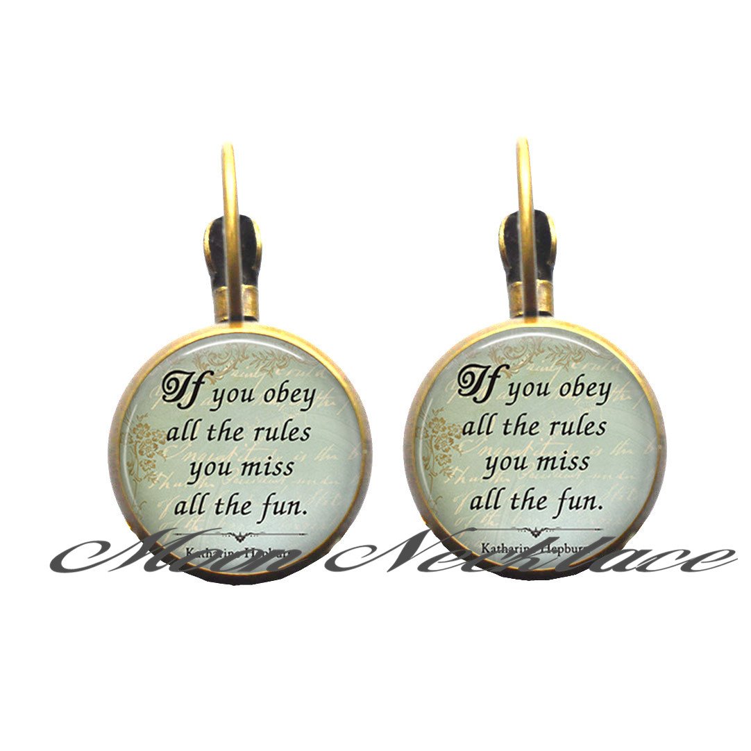 Charm Earrings - 'If You Obey All the Rules You Miss All the Fun' Quote Stud Earrings | Fun Jewelry & Inspirational Quote Earrings (ZE211) | Perfect for Everyday Wear, Parties & Gift Giving