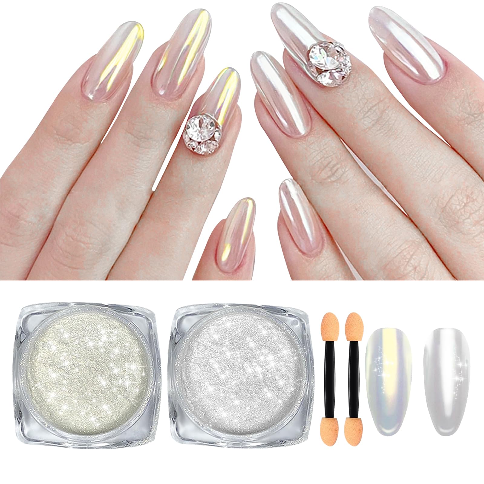 2 Pcs White Pearl Chrome Nail Powder - Iridescent Mirror Effect Aurora Magic Pearlescent Glitter Powder for Holographic Pigment Nail Art, Glazed Donut Nails Chrome Powder (Gold & Aurora White) - Perfect for Salon, DIY Manicure & Nail Art Designs