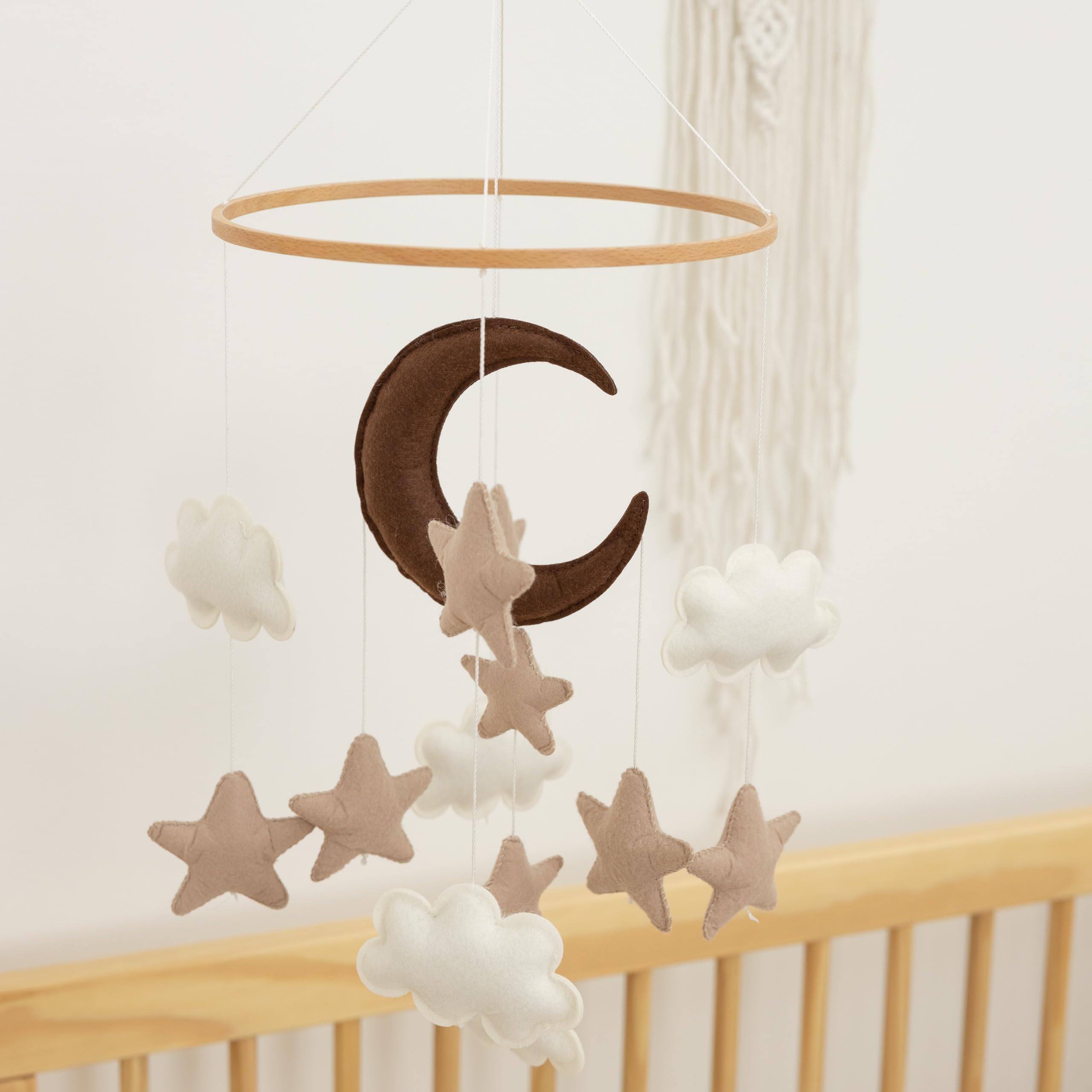 Brown Moon Stars & Beige Clouds Felt Baby Crib Mobile - Gender Neutral Nursery Decor for Boys & Girls - Modern Boho Crib Mobile for Baby Showers, Newborn Photography & Nursery Room Decor