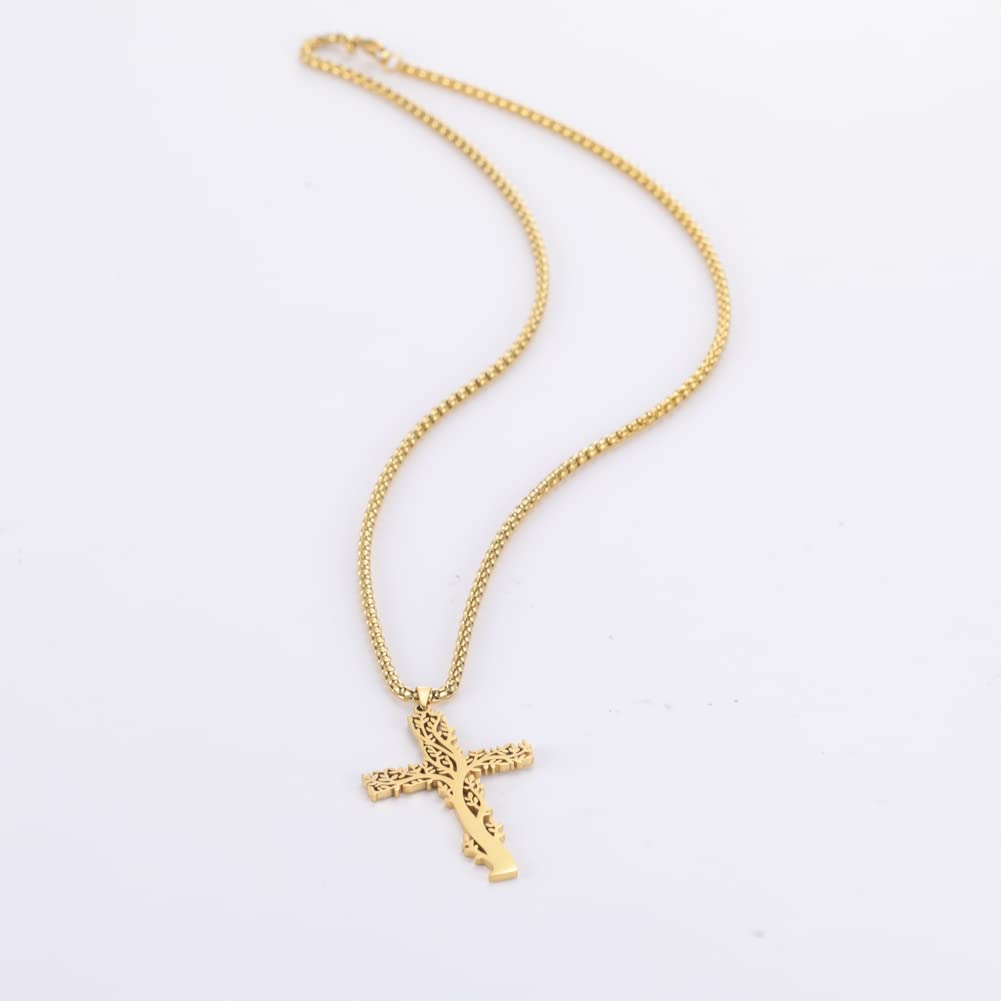 Stainless Steel Tree of Life Cross Necklace - Religious Christian Crucifix Pendant for Men & Women - Baptism Gift, Church Prayer Jewelry - Perfect for Worship Services, Weddings & Spiritual Occasions