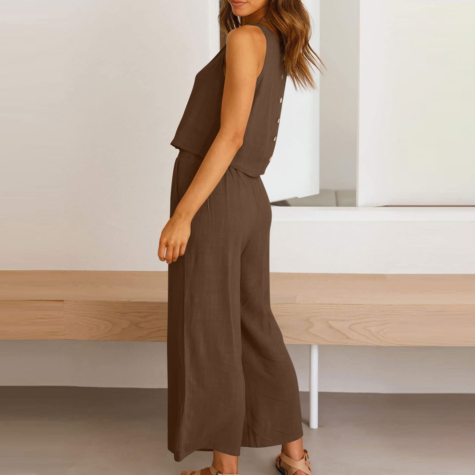 Women's 2-Piece Summer Outfit Set - Linen Crop Top & High Waist Wide Leg Capri Pants Lounge Set | Casual Wear, Beach Vacation, Yoga, Street Fashion