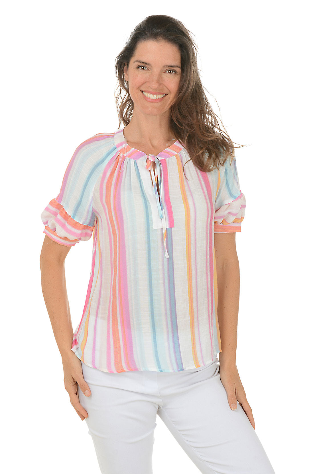 Fuchsia Striped Short Sleeve Blouse for Women - Trendy Casual Summer Top - Perfect for Office, Date Night & Weekend Outings