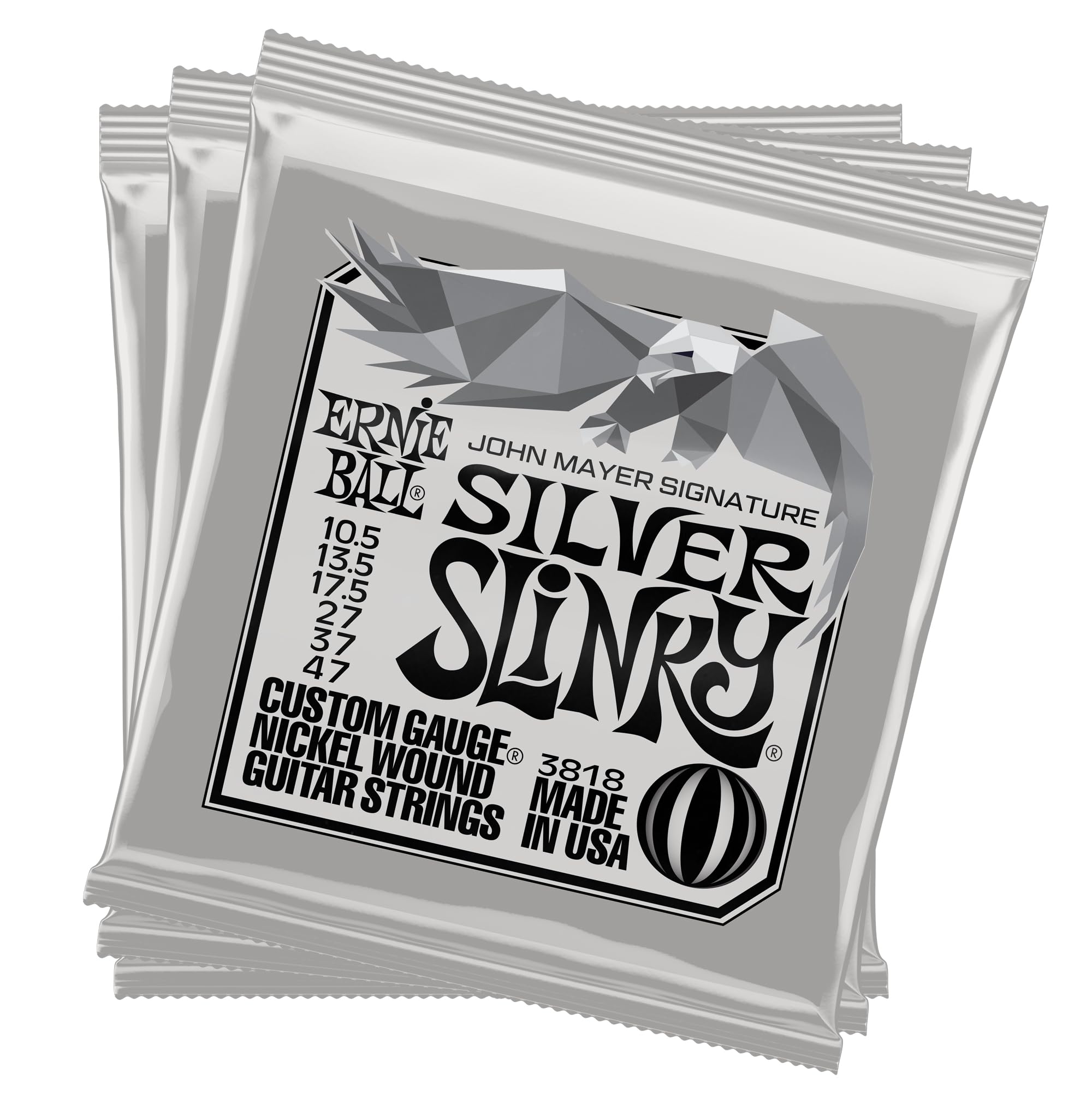 Ernie Ball John Mayer Silver Slinky Nickel Wound Electric Guitar Strings 3-Pack (10.5-47 Gauge) - Premium Tone for Blues, Rock & Stage Performance