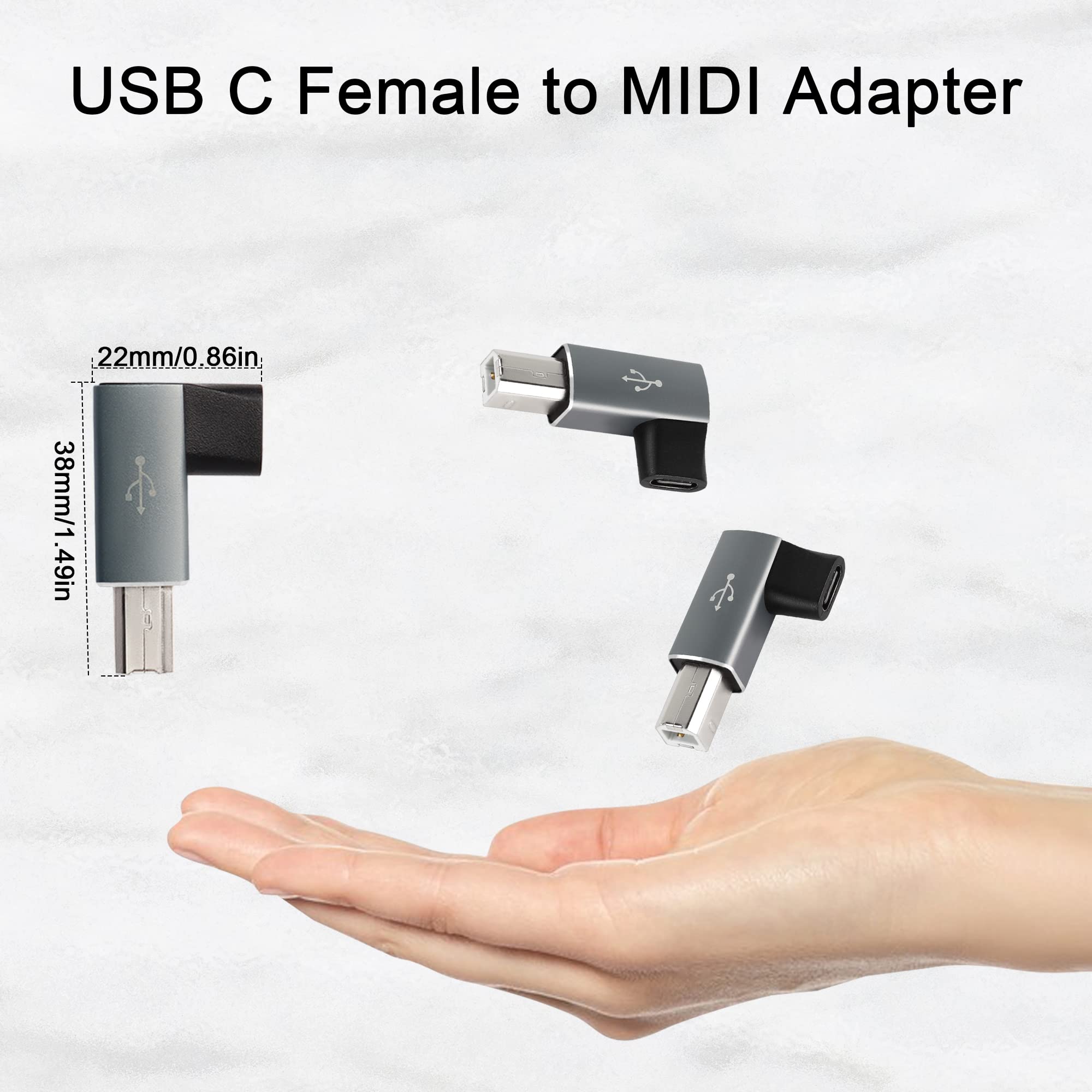 90 Degree USB C to MIDI Adapter - Type C Female to USB B Male Right Angle Converter (2PCS, Gray) - Compatible with Printers, MIDI Keyboards, Electric Pianos & Electronic Drums - Perfect for Music Production & Office Use