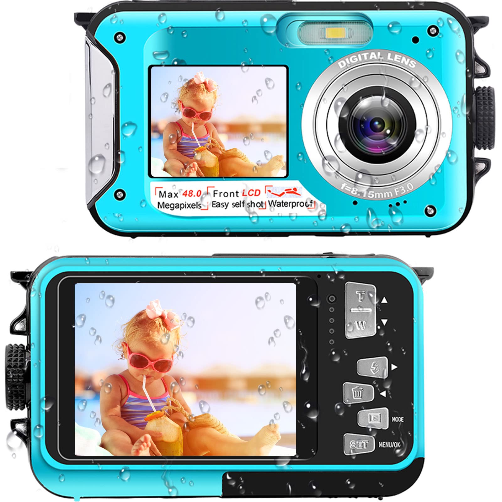 **48MP Waterproof Digital Camera 10FT Underwater Dual Screen Selfie Camera - 2.7K Full HD Video Recorder for Snorkeling, Swimming & Travel - Compact & Easy to Use for Beginners**    *(Use Cases: Perfect for snorkeling adventures, beach vacations, pool parties, underwater photography, and capturing high-quality travel memories.)*