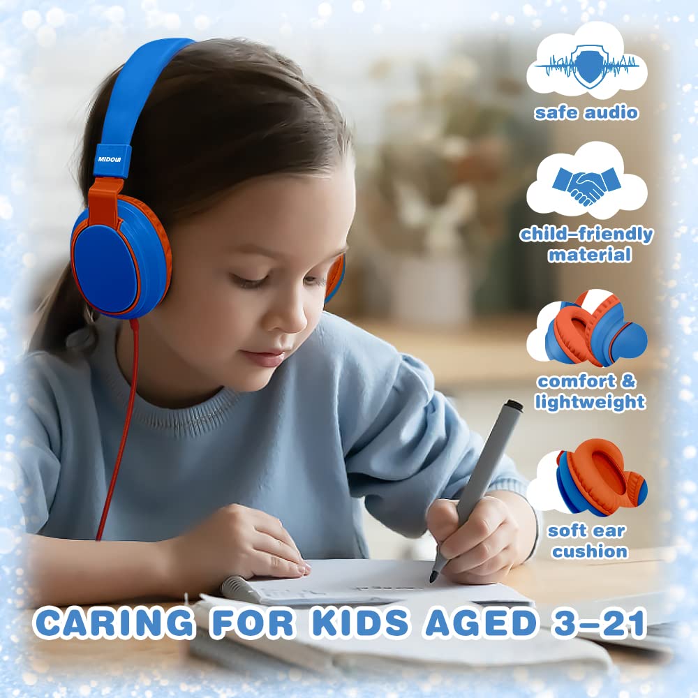 MIDOLA Kids Headphones with Volume Limiter (85/110dB) - Wired Over-Ear Foldable Headset with Built-in Mic & 3.5mm AUX Cable - Safe for Children's Ears - Perfect for School, Travel, Gaming & Online Learning (Blue)