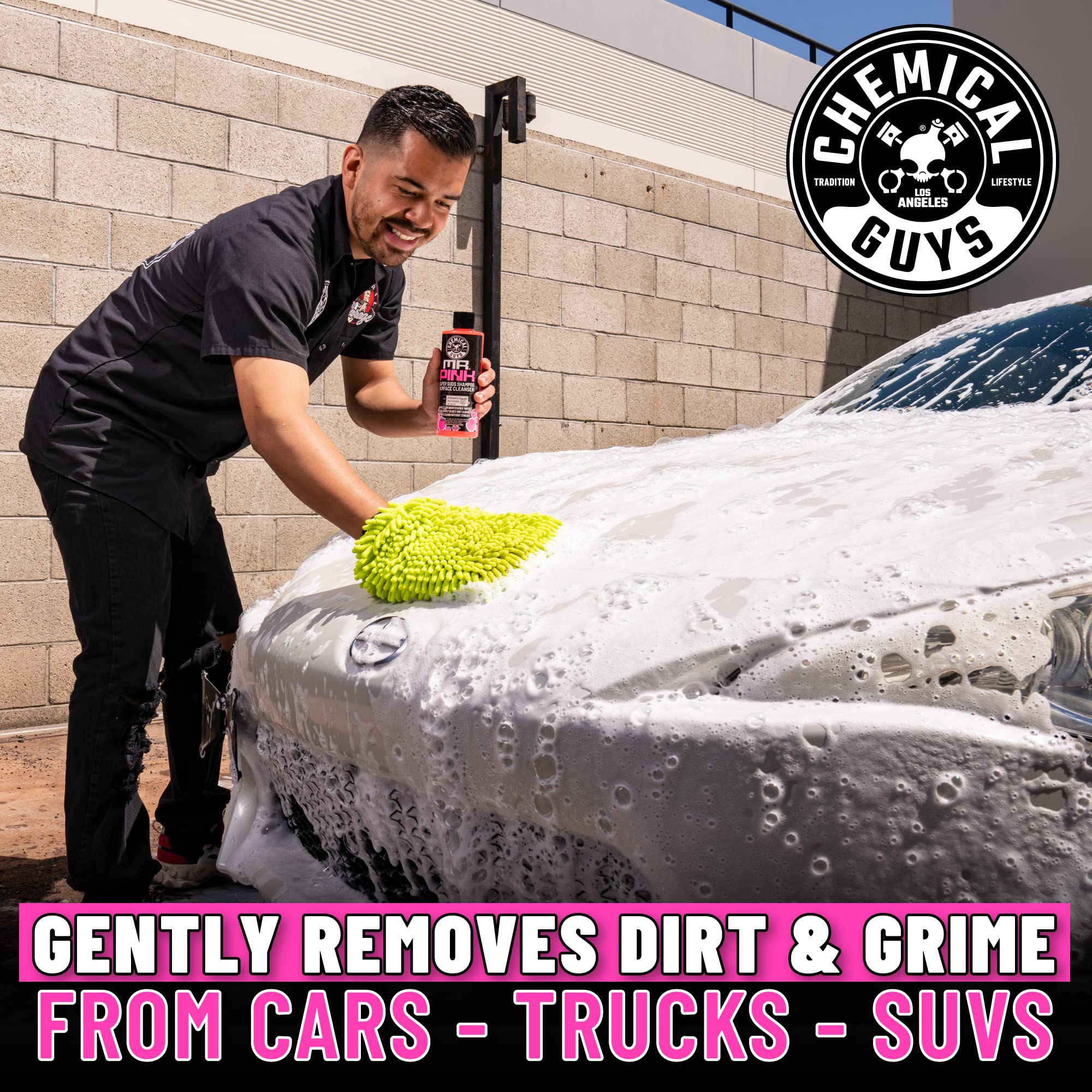 Worx WG605 13 Amp Electric Pressure Washer 1800 PSI with 3 Nozzles & Chemical Guys CWS_402_16 Mr. Pink Foaming Car Wash Soap (16 fl oz) - Safe for Cars, Trucks, Motorcycles, RVs - Candy Scent | Perfect for Home Driveway Cleaning & Vehicle Detailing