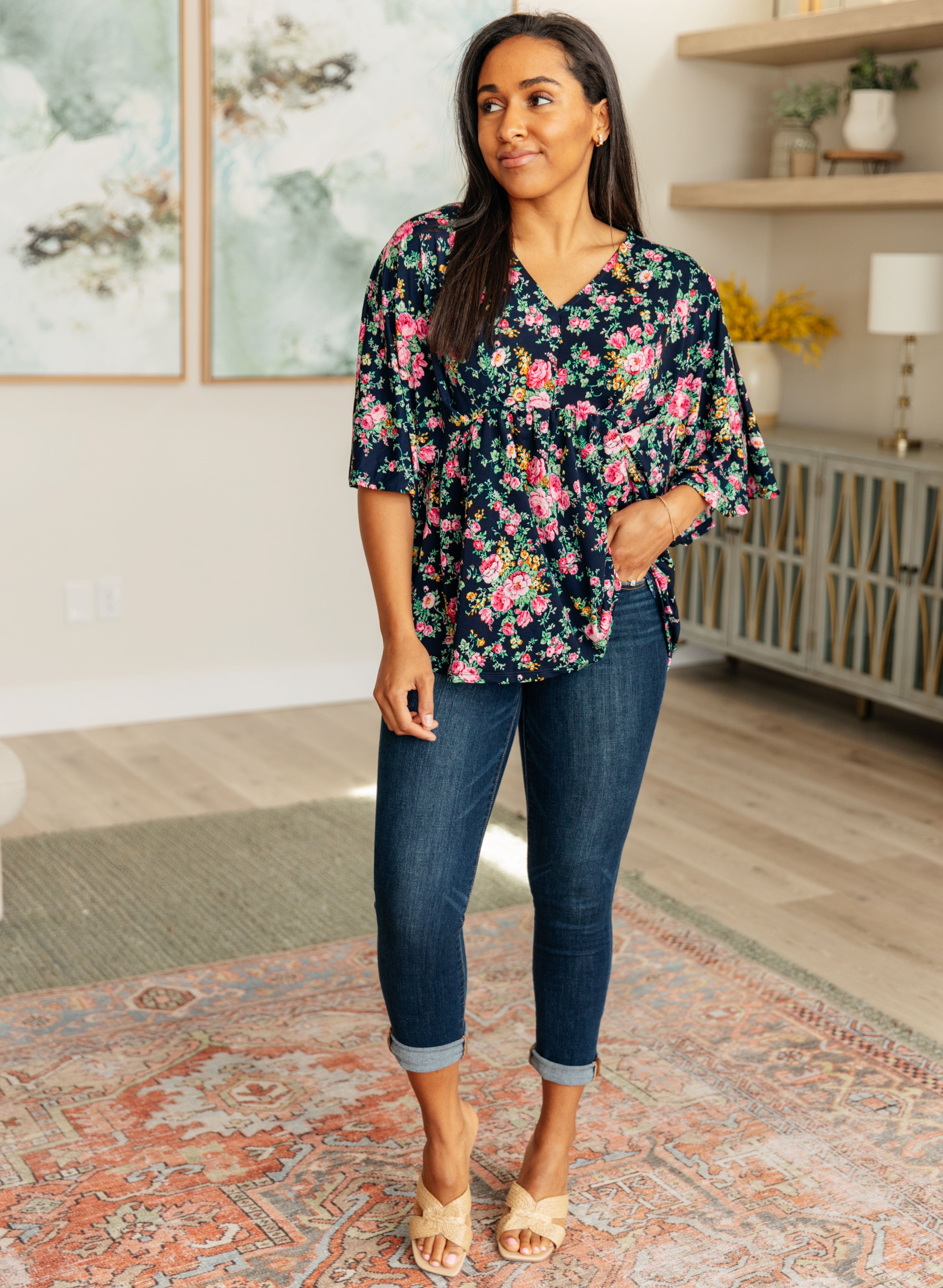 Vintage Floral Print Women's Tops - Navy & Pink Bouquet Design for Casual Wear, Date Night & Summer Outfits