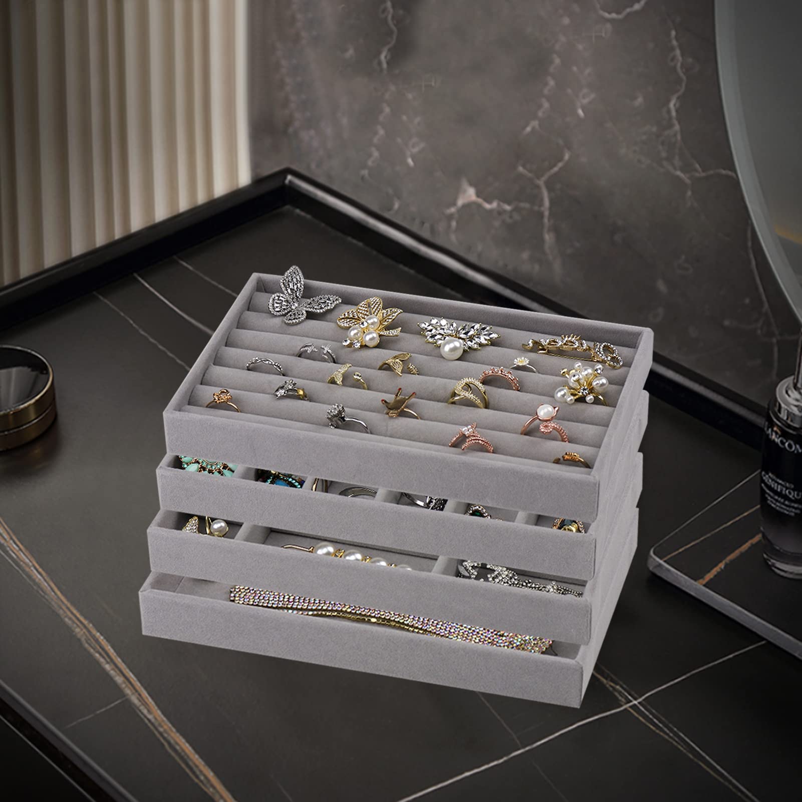 Stackable Velvet Jewelry Organizer Trays - Set of 4 Gray Drawer Inserts for Earrings, Rings, Watches, Bangles & Necklaces | Jewelry Storage Solution for Dressers, Vanities & Travel Cases