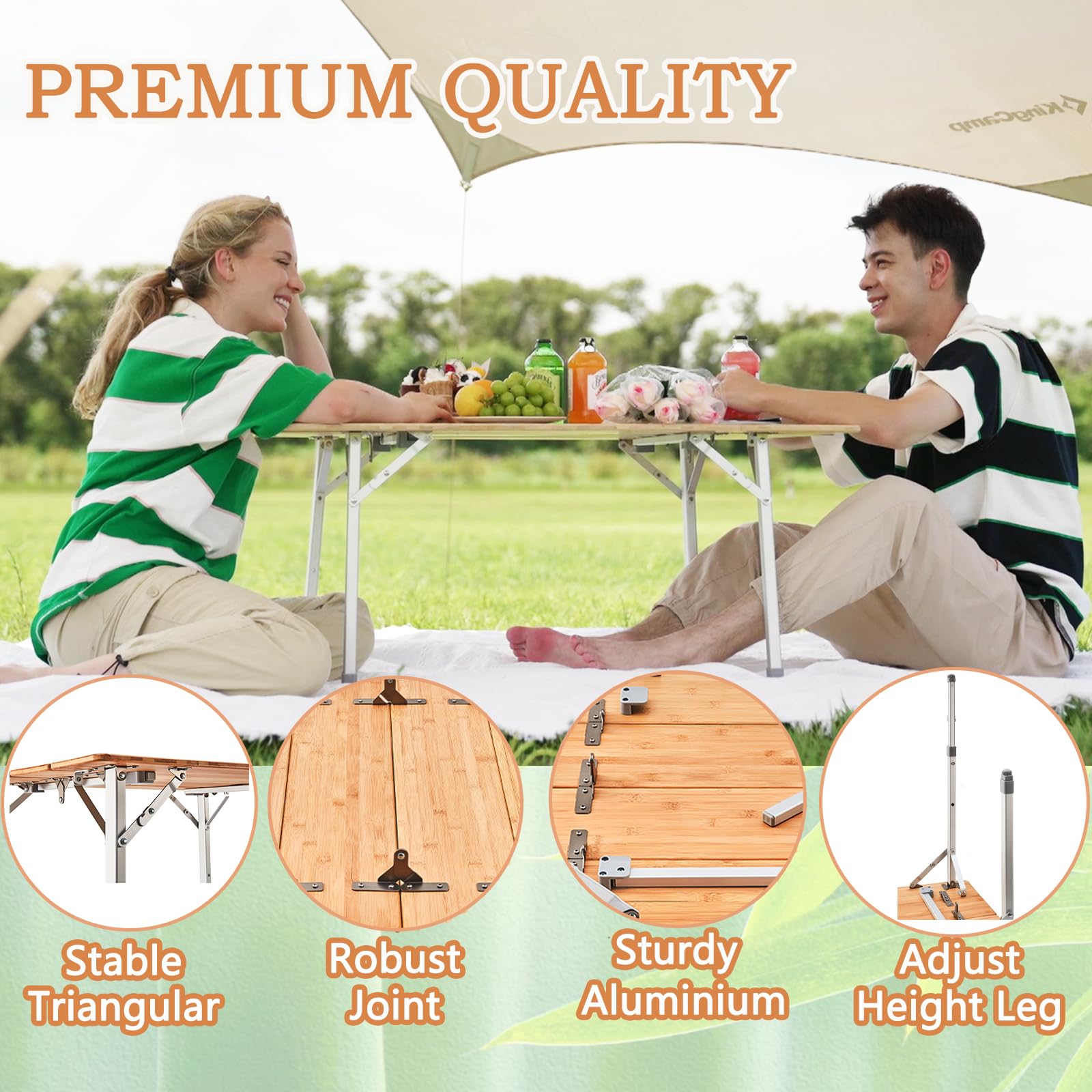 KingCamp Adjustable Height Bamboo Camping Table - Heavy Duty 4-Fold Portable Folding Table with Aluminum Legs (176lbs Capacity) - Perfect for Outdoor Camping, Picnics, RV Trips & Family Gatherings (4-5 People)