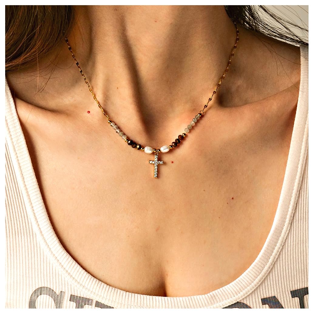 Gold Cross Necklace for Women - Handmade Gemstone Choker with Pearl Beads | Elegant Birthday Gift & Good Luck Jewelry | Perfect for Church, Weddings & Special Occasions