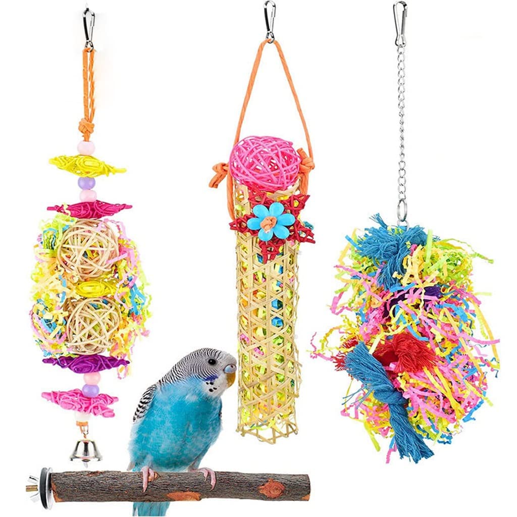 4PCS Natural Bamboo Bird Perches Stand with Rattan Ball & Foraging Swing - Hanging Cage Accessories for Parrots, Cockatiels, Lovebirds - Perfect for Chewing, Playing & Mental Stimulation in Bird Cages