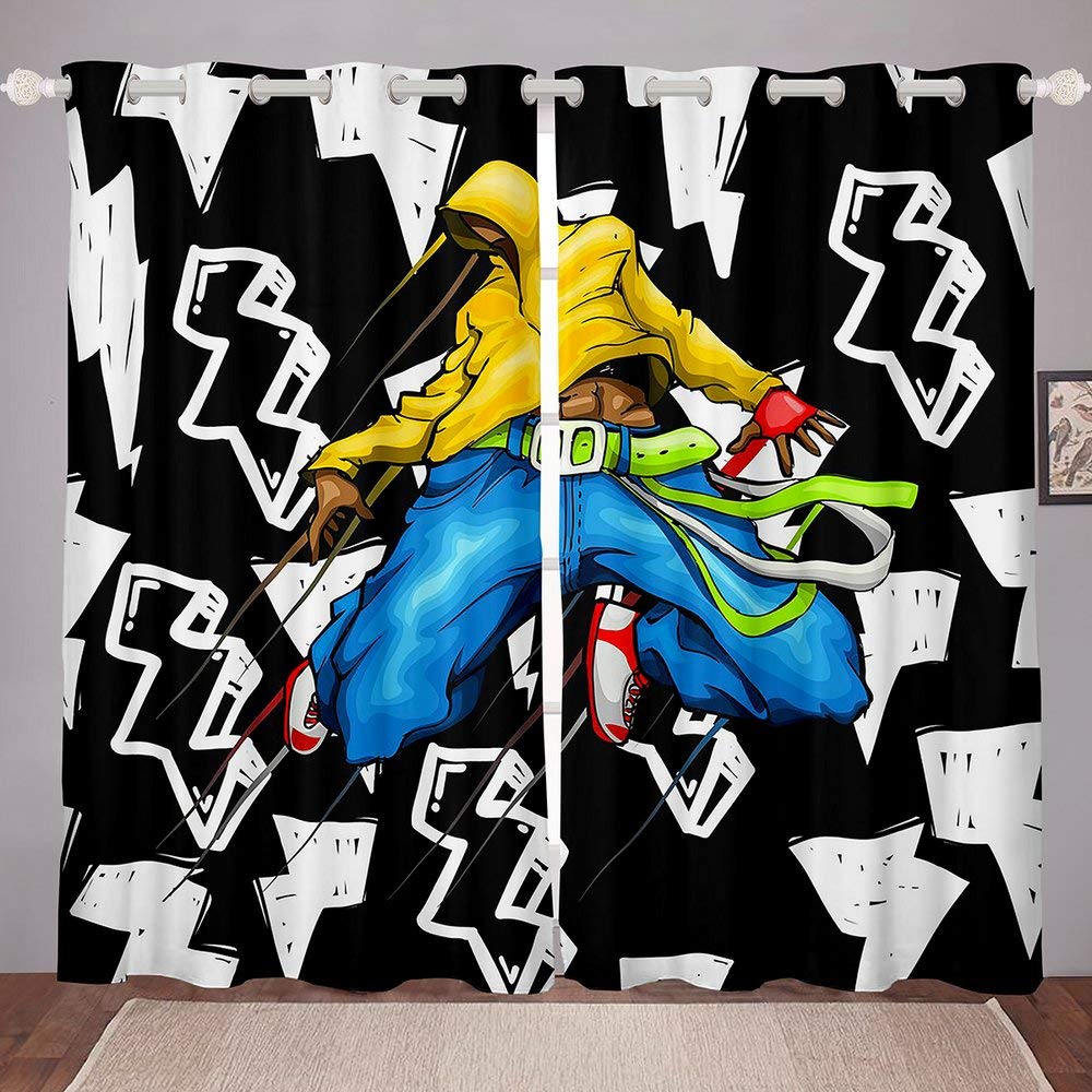 Erosebridal Hip Hop Curtains for Kids & Teens - Street Art Window Treatment Set | Bohemian Fashion Drapes for Bedroom, Living Room & Dorm | Blue Yellow Black 38x45 Inches | Perfect for Urban Decor & Music Lovers