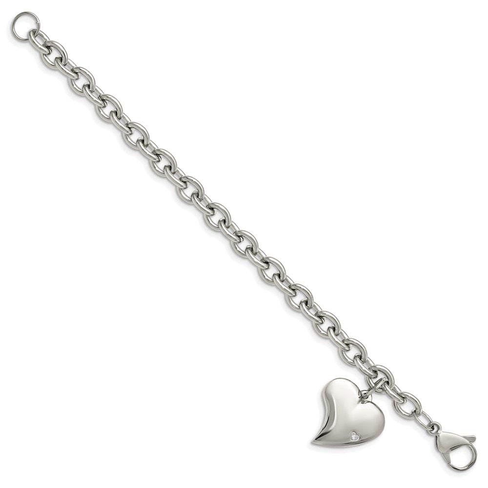 Black Bow Women's 6mm Stainless Steel Heart CZ Charm Bracelet - Perfect for Gifts & Special Occasions