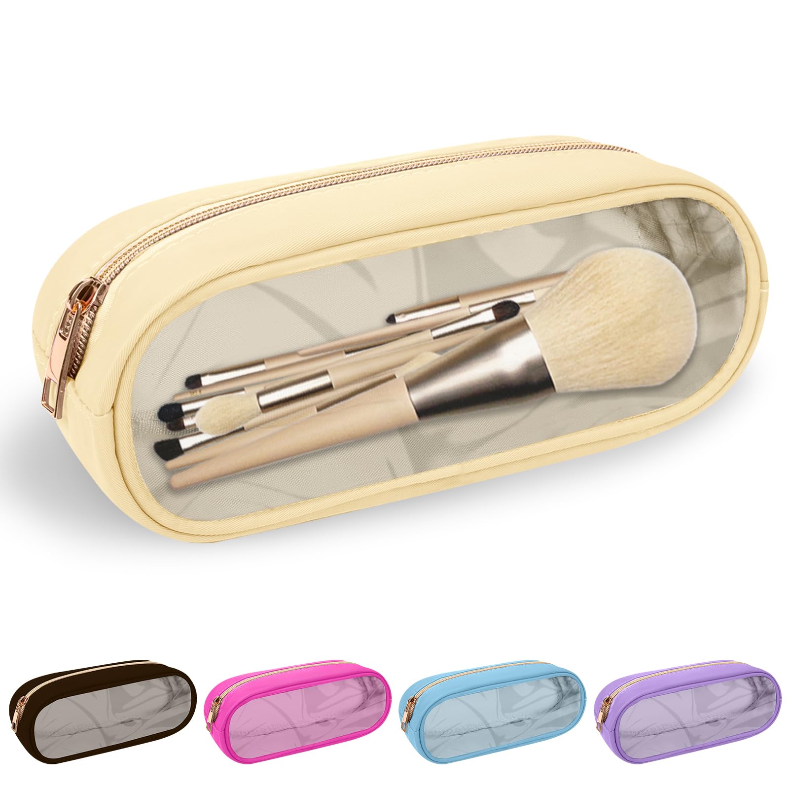 Nylon Small Clear Makeup Bag Slim Pouch - Cute Preppy Cosmetic Zipper Pouch for Women & Girls | Travel Toiletry Bag, Makeup Brush Case, Purse Organizer, Coin Pouch (Beige) - Perfect for Daily Use, Traveling & Gift Giving