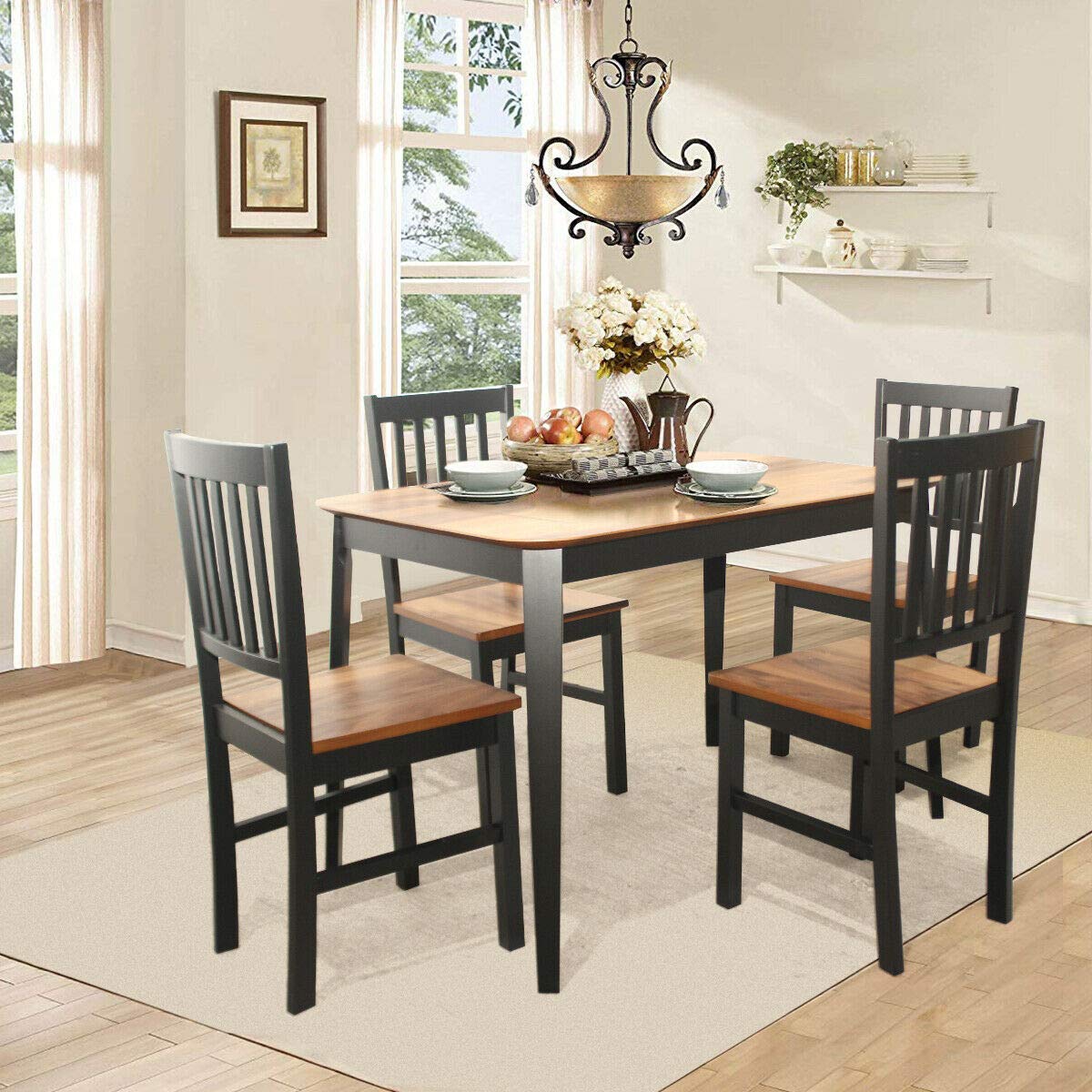 COSTWAY Set of 4 Dining Chairs - Solid Rubber Wood Armless Side Chairs with Slat Back, Black Base & Walnut Seat - Perfect for Home Kitchen, Dining Room, Breakfast Nook & Small Space Decor