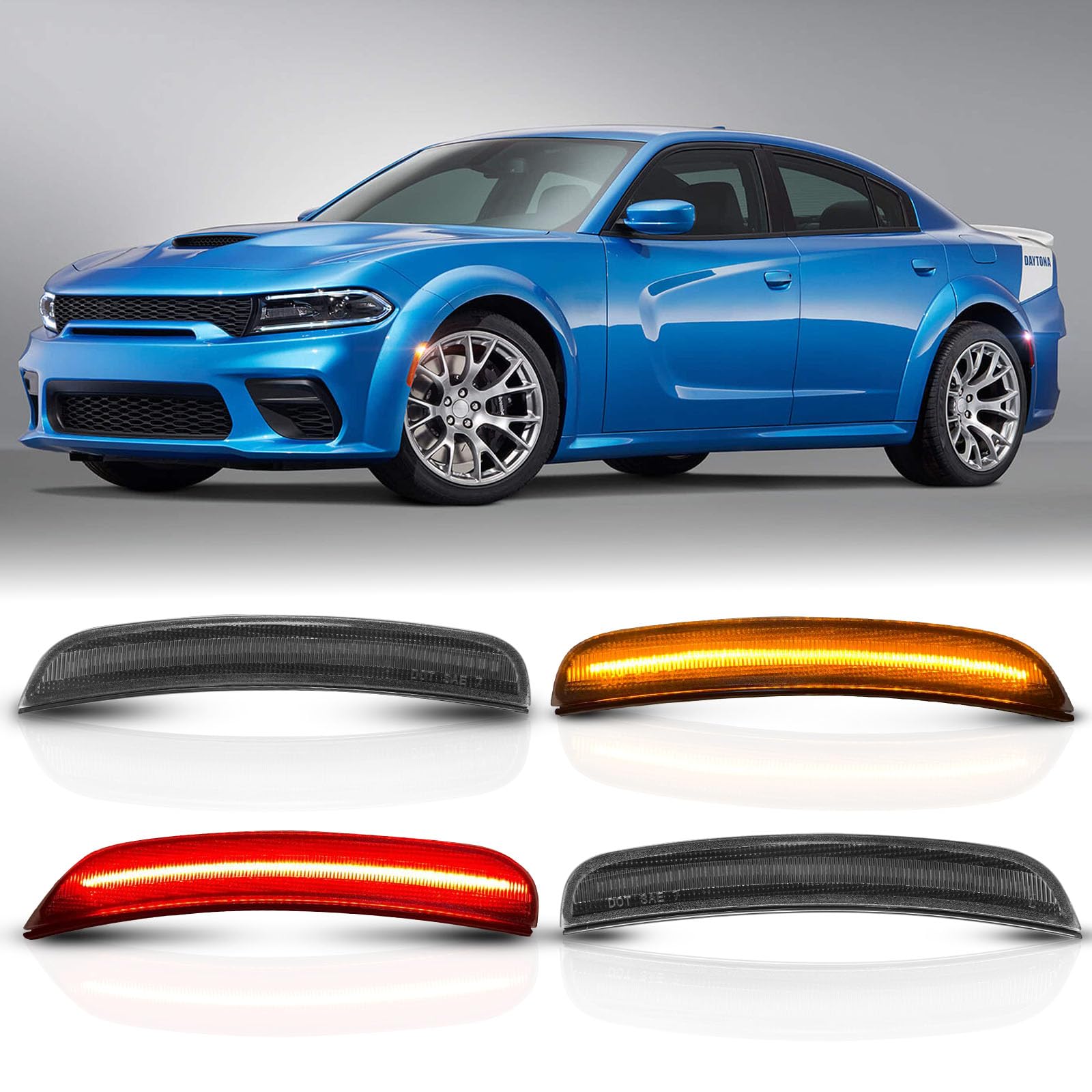 Smoke Black LED Side Marker Lights Assembly for Dodge Charger 2015-2022 - Front Amber & Rear Red Bumper Reflectors (4PCS) - Perfect for Night Driving & Custom Car Styling