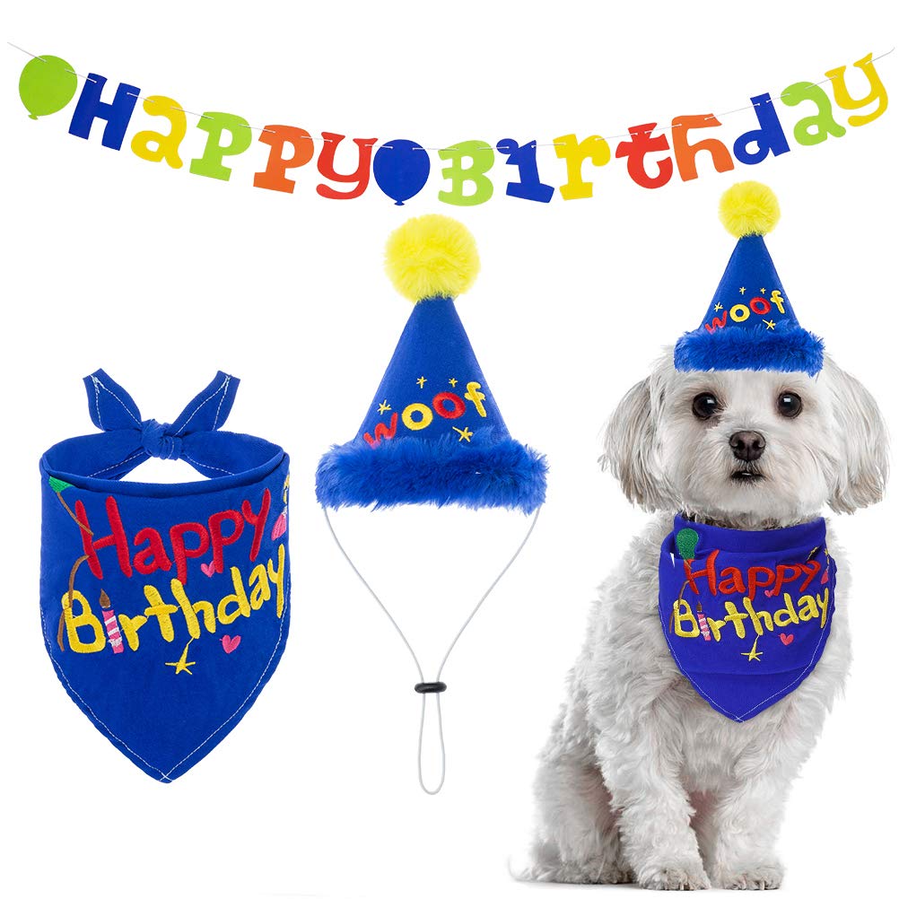 Happy Birthday Dog Bandana with Hat & Flag - Pet Birthday Party Supplies & Decorations Set - Perfect for Dog Birthday Parties, Photo Shoots & Celebrations