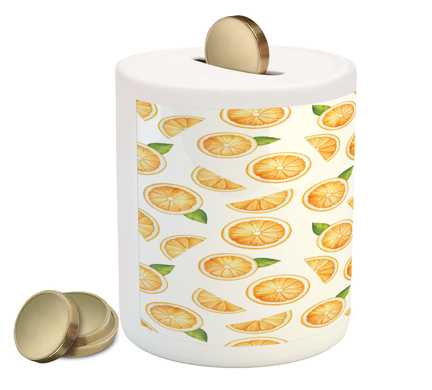 Ambesonne Ceramic Piggy Bank - Watercolor Orange Slices with Green Leaves Design, Money Saving Coin Bank for Kids & Adults | Perfect for Birthday Gifts, Home Decor, and Teaching Financial Responsibility