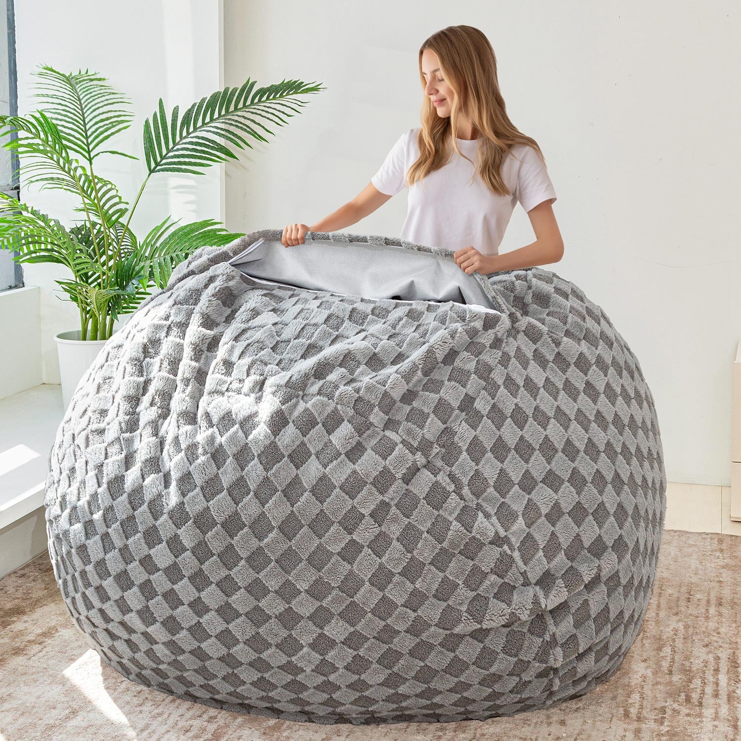 MAXYOYO Giant Bean Bag Bed - Convertible Bean Bag Chair to Bed with Jacquard Shaggy Plush Removable Cover for Living Room & Bedroom (Grey) - Perfect for Lounging, Gaming, and Guest Sleeping