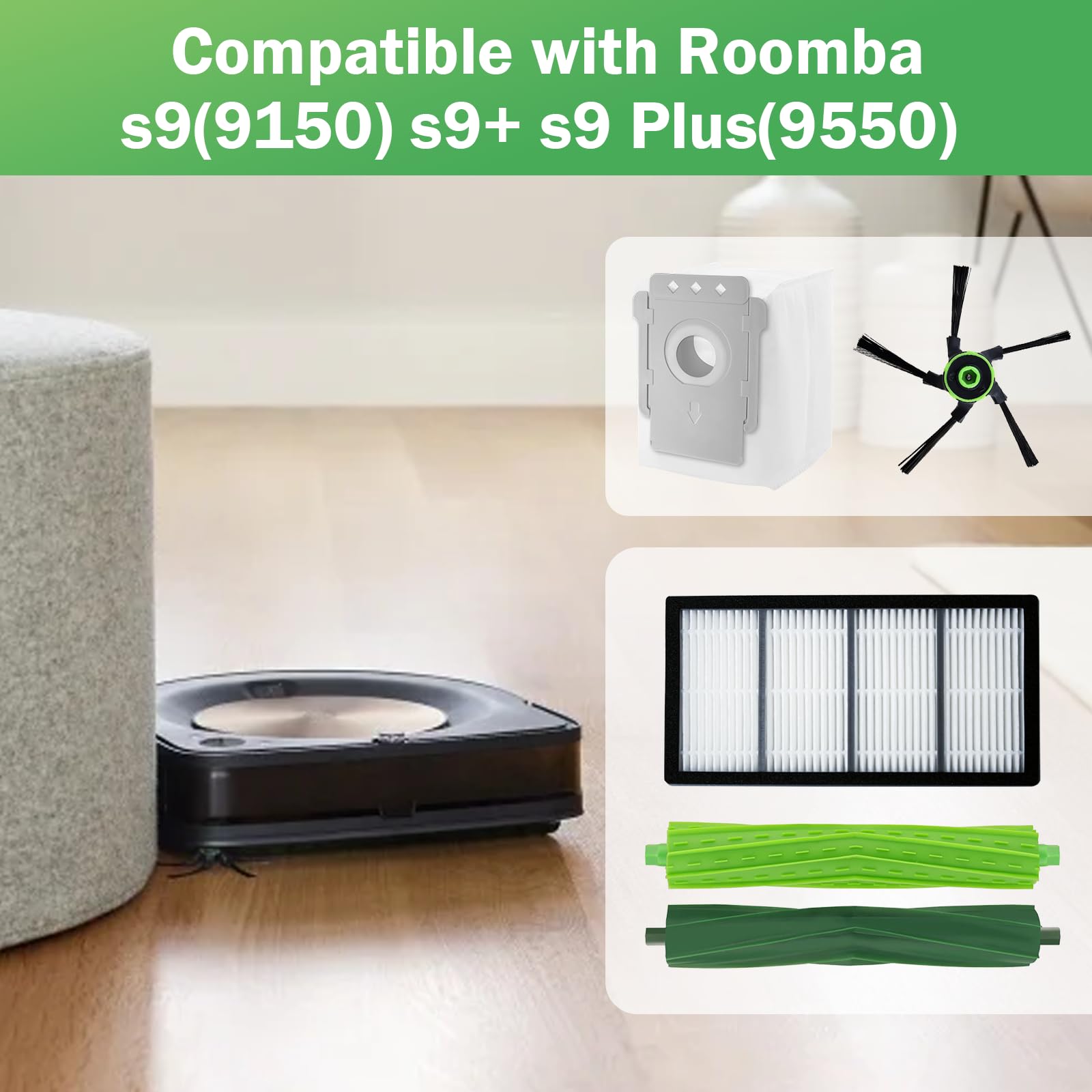 Roomba S9/S9+/S Series (9150/9550) Replacement Parts Kit - 2 Rubber Roller Brushes, 6 HEPA Filters, 6 Vacuum Bags & 8 Side Brushes | Compatible with iRobot Roomba S9, S9+ Vacuum Cleaners | Perfect for Deep Cleaning & Maintenance