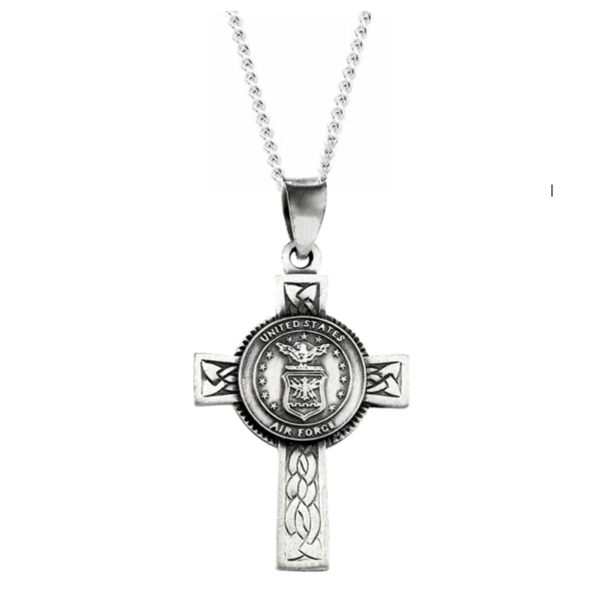 Men's Sterling Silver Air Force Cross Pendant Necklace - Antique Halo Design with US Air Force Crest, Engraved Woven Pattern, 24