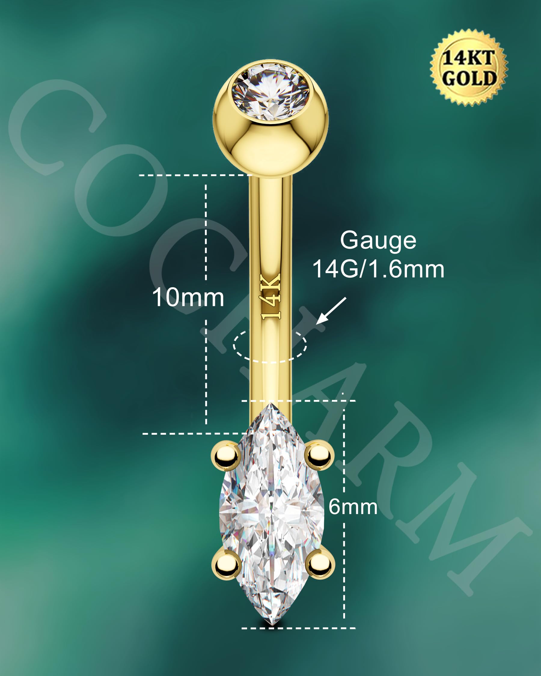 14K Gold Marquise CZ Belly Button Rings - White & Yellow Diamond Navel Piercing Jewelry for Women & Men - 14G Belly Ring - Perfect for Parties, Beach Wear & Body Piercing Fashion